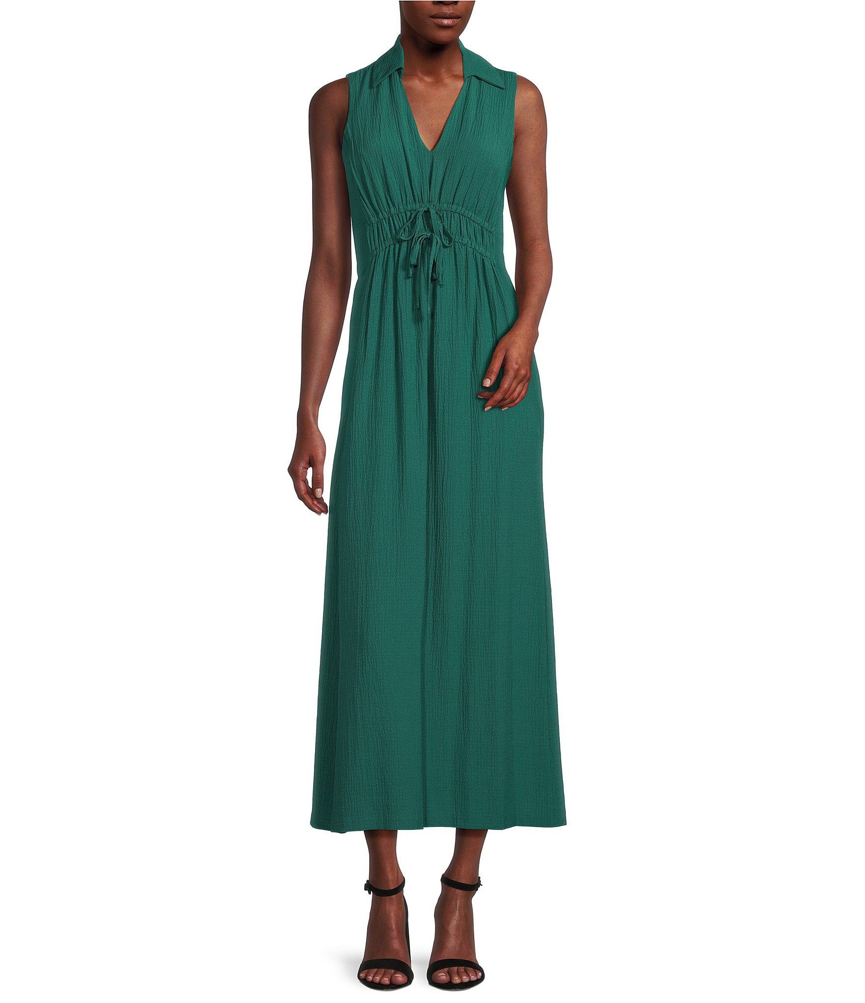 Calvin Klein Sleeveless V-Neck Collar Ruched Front Maxi Dress | Dillard's