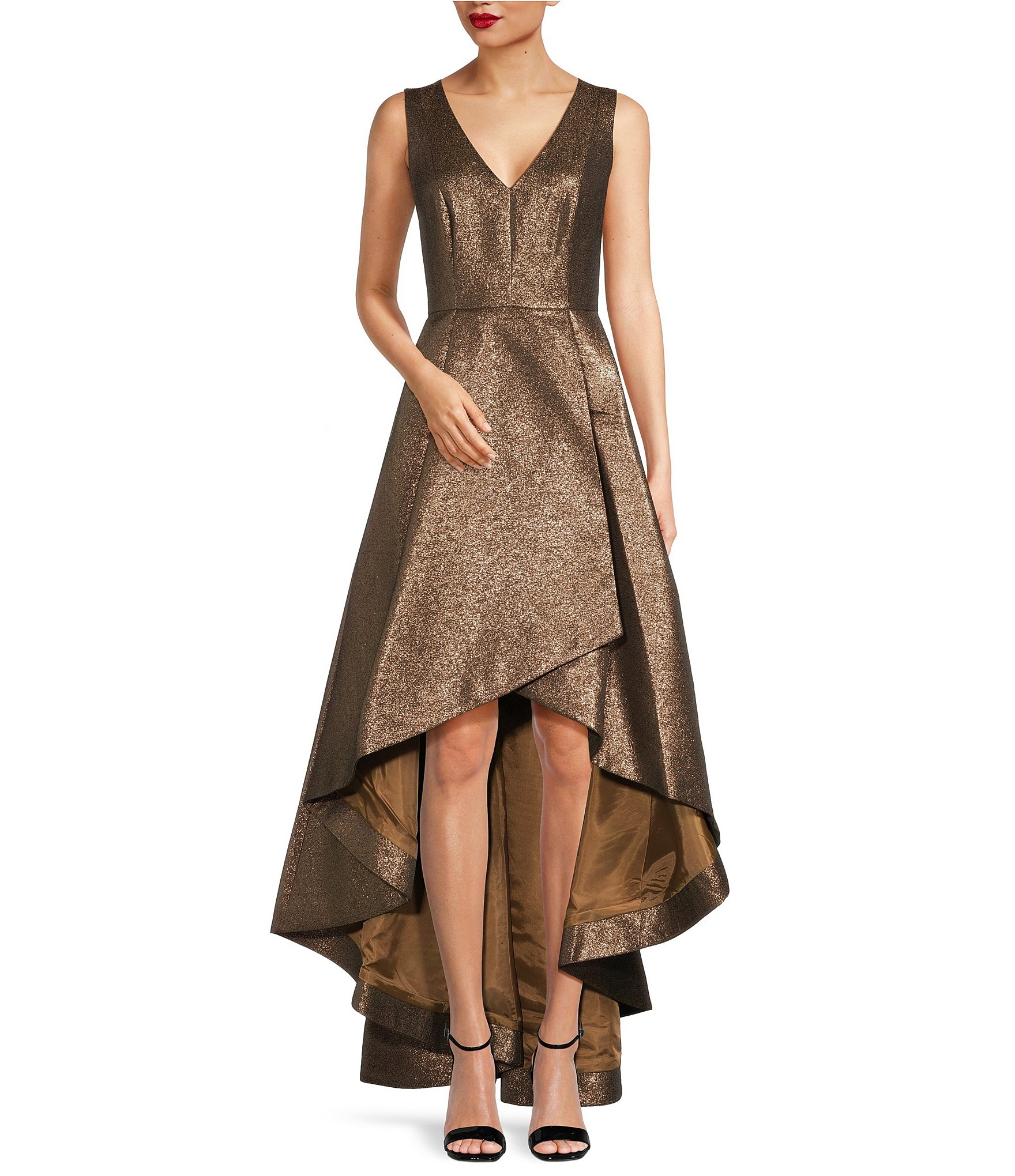 Calvin Klein Sleeveless V-Neck Metallic High-Low Hemline Dress | Dillard's