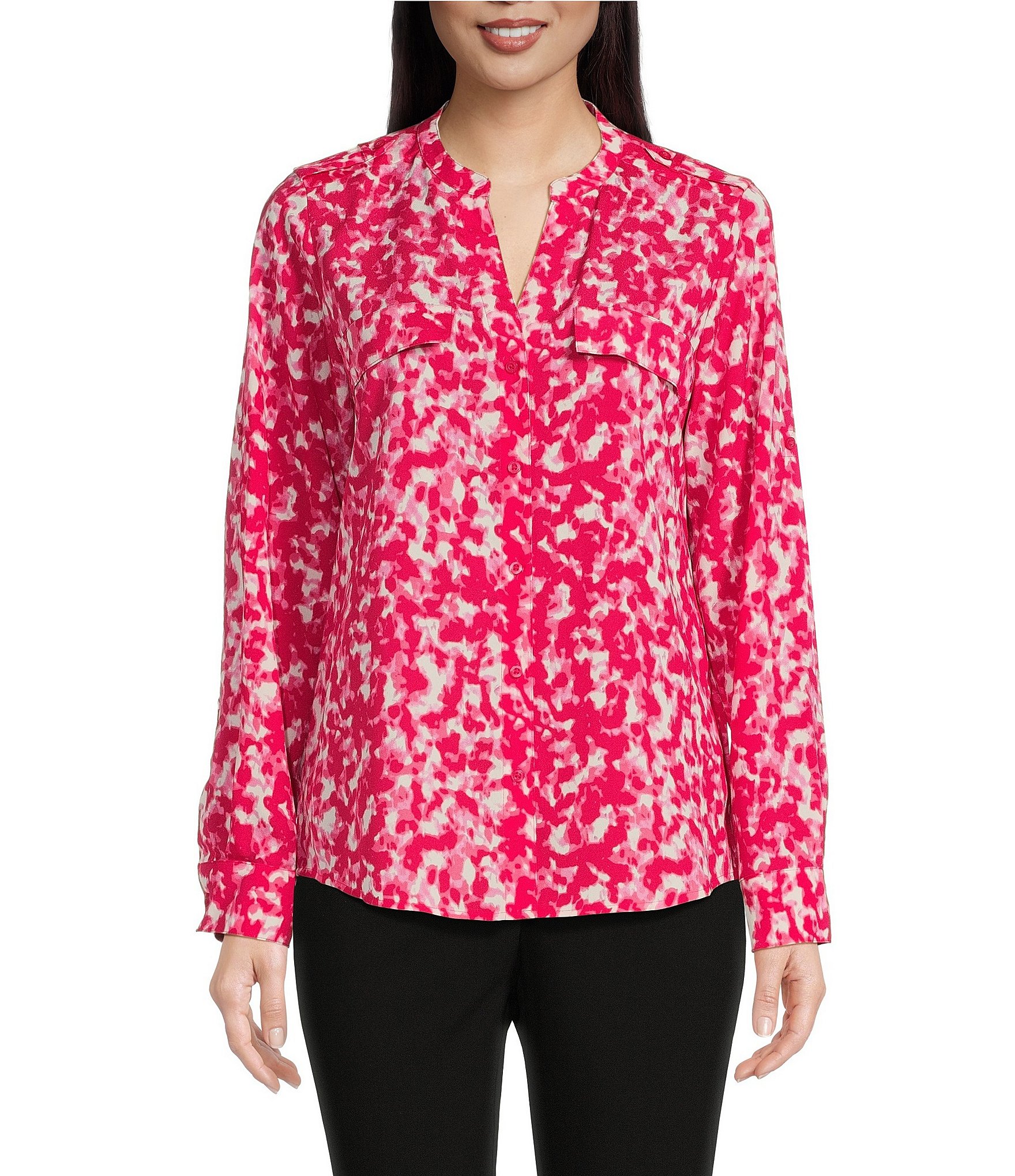 Calvin Klein Soft Crepe Floral Print Y-Neck Long Roll-Tab Sleeve Button ...