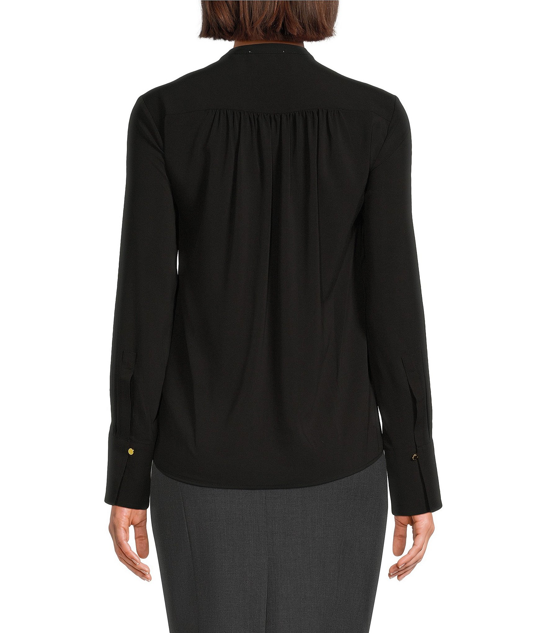 Calvin Klein Solid Crepe de Chine Split V-Neck Long Sleeve Blouse
