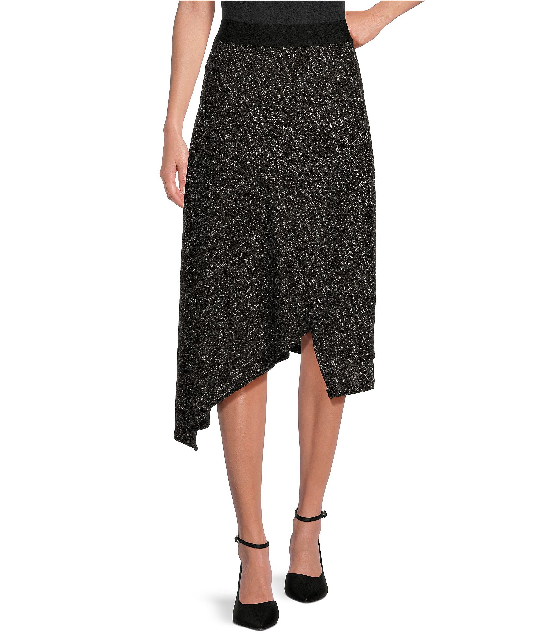 Calvin Klein Solid Lurex Metallic Knit Skirt Dillard\'s Coordinating Angled Hem | Pull-On