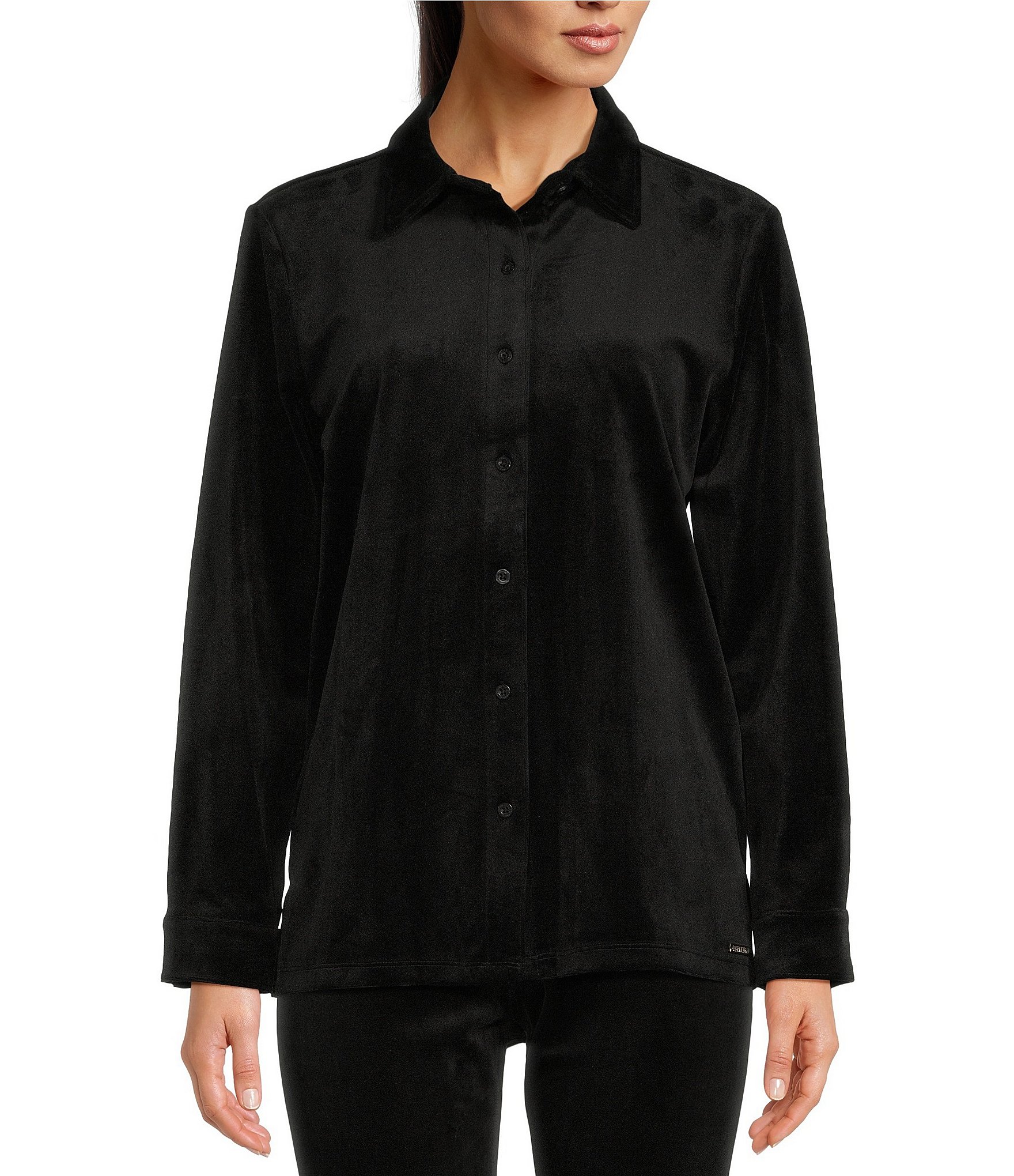 Calvin Klein Crepe Point Collar Long Sheer Sleeve Side Slit Button Front  Blouse