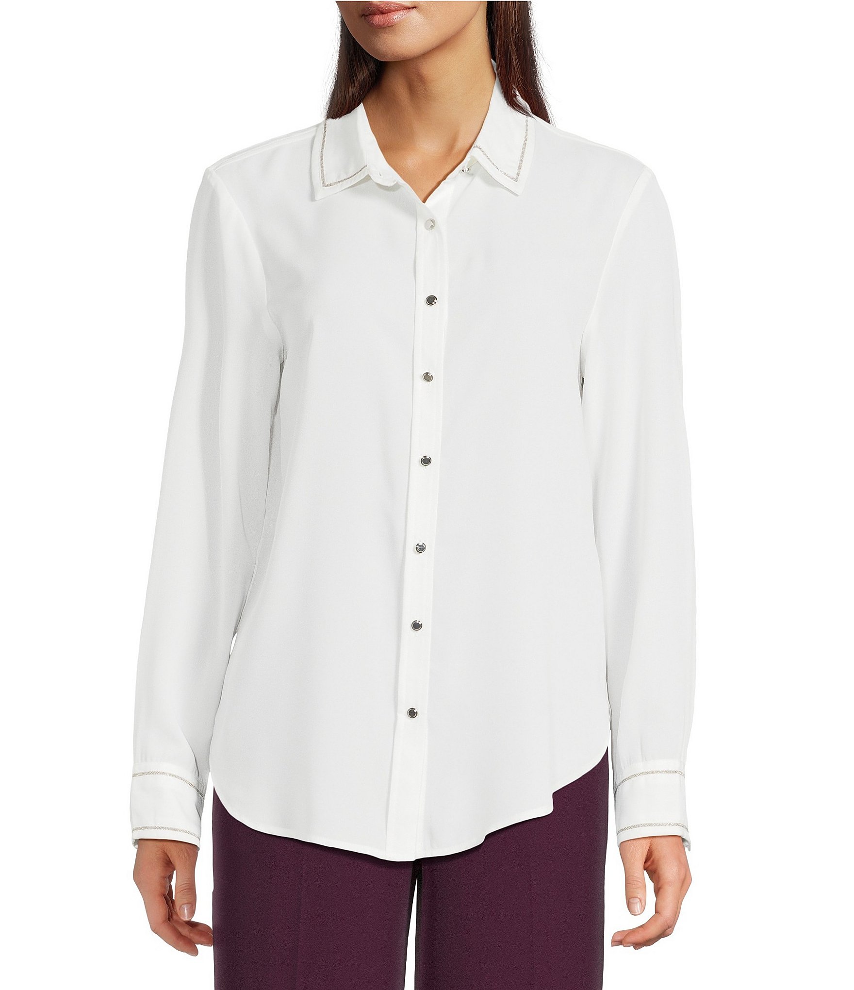 Calvin Klein Sparkle Contrast Trim Fusion Georgette Point Collar Long Sleeve Button Front Top