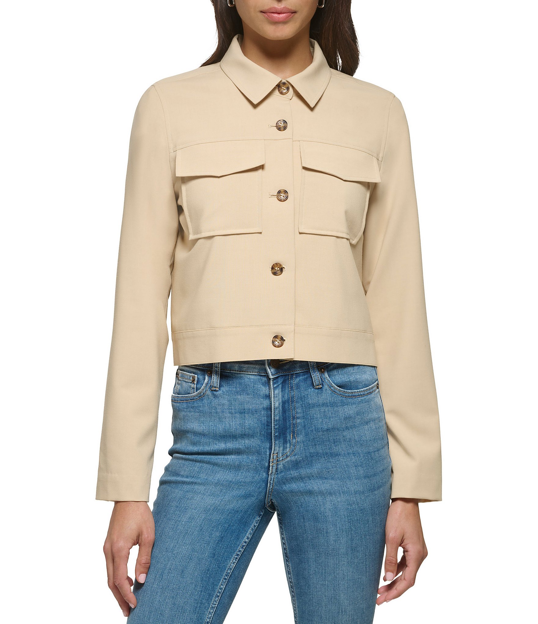 Calvin Klein Stretch Luxe Point Collar Long Sleeve Button Front Jacket ...