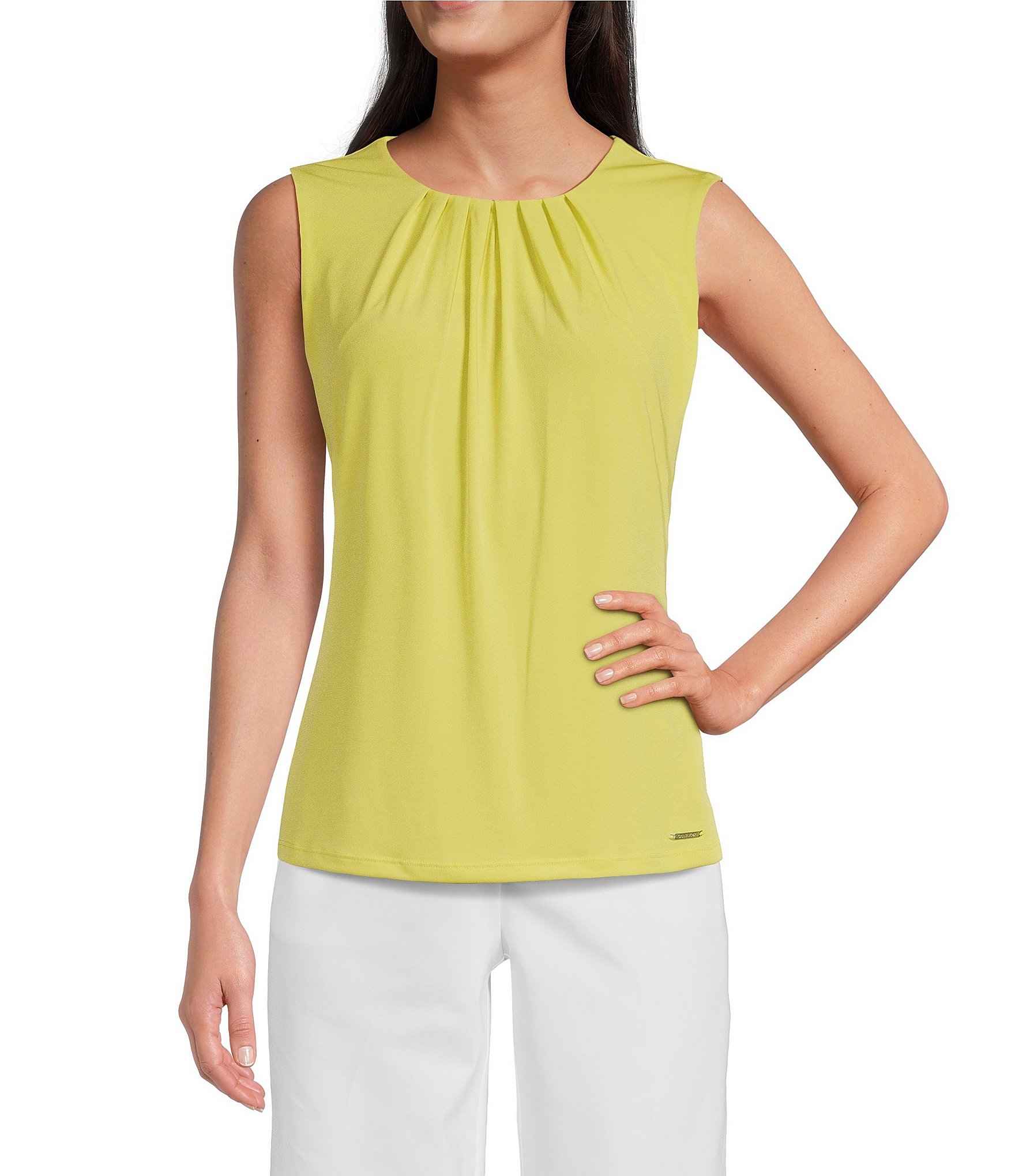 Calvin Klein Stretch Pleated Crew Neck Sleeveless Cami Top Dillard s