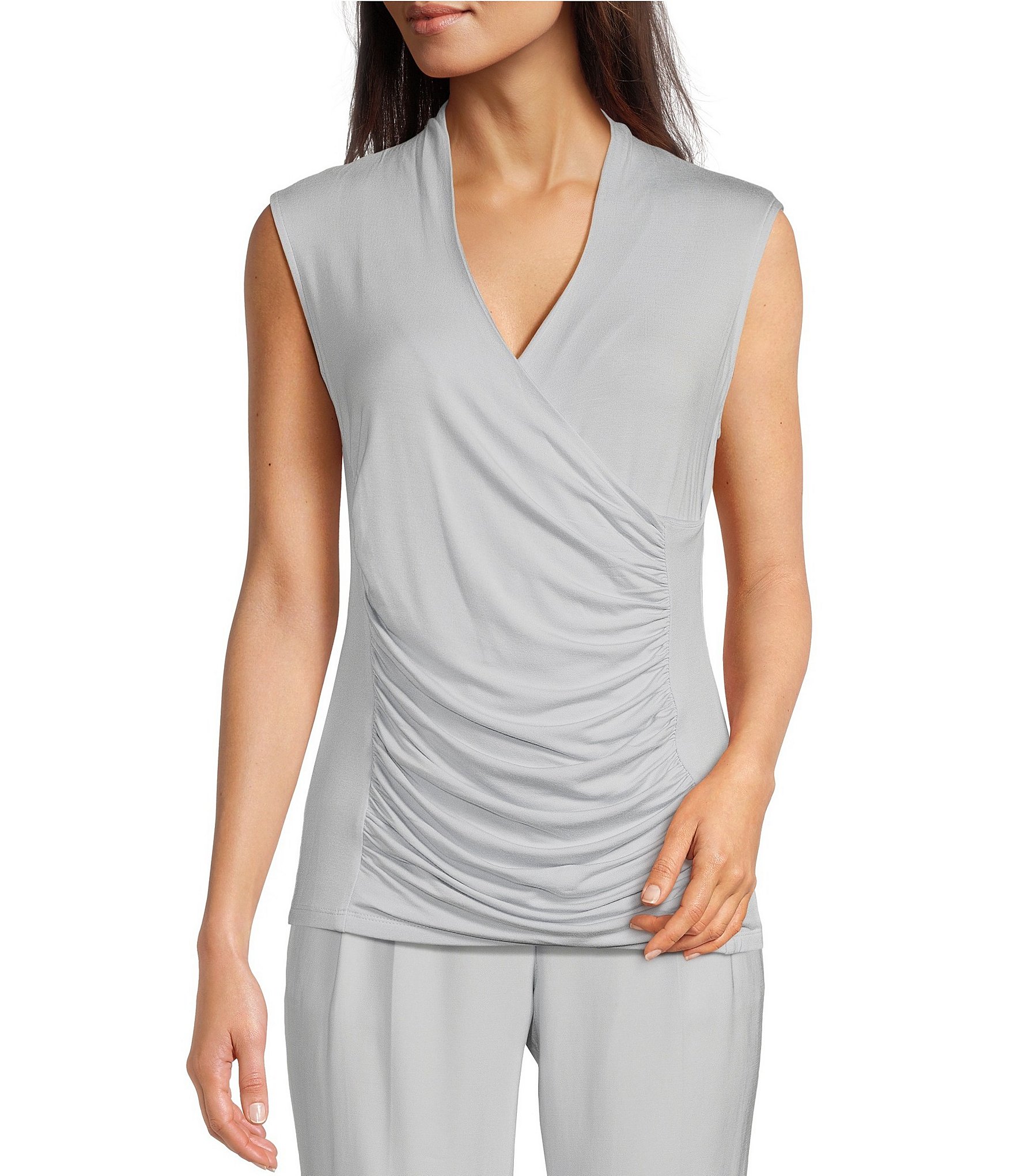 Calvin Klein Stretch Surplice V Neck Sleeveless Ruched Top Dillards 4457