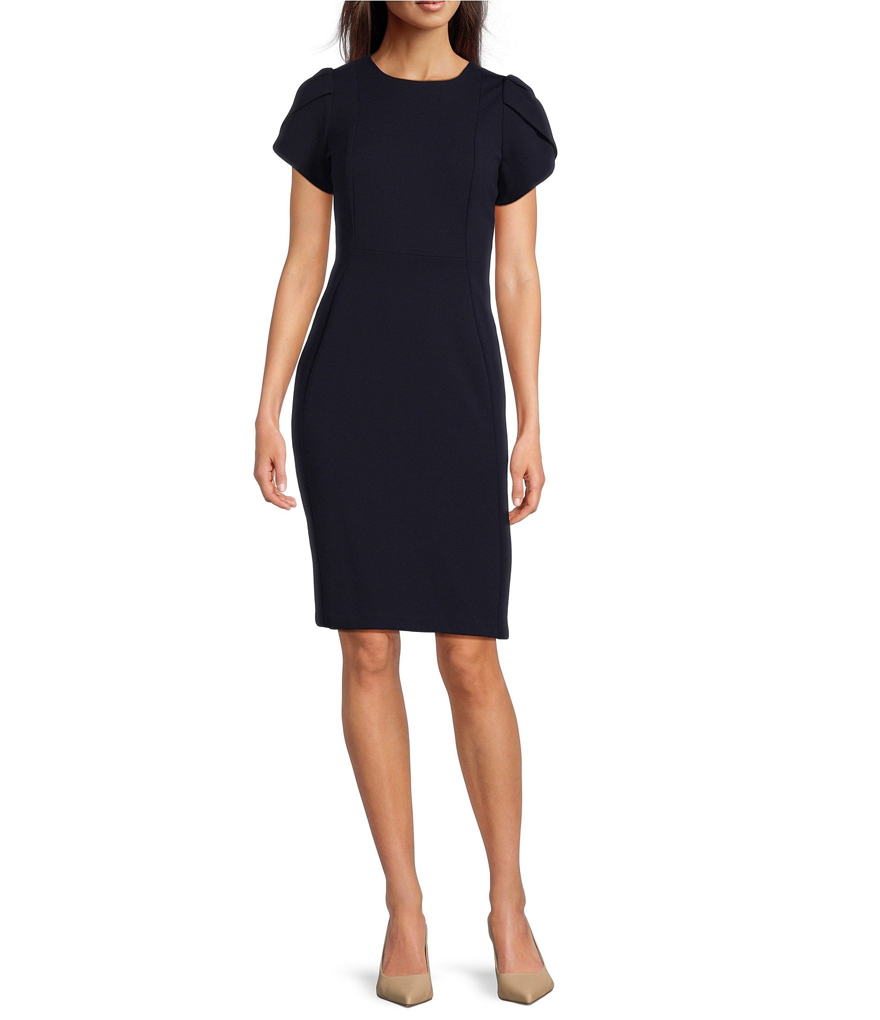 Calvin Klein Crew Neck Short Tulip Sleeve Solid Sheath Stretch Dress