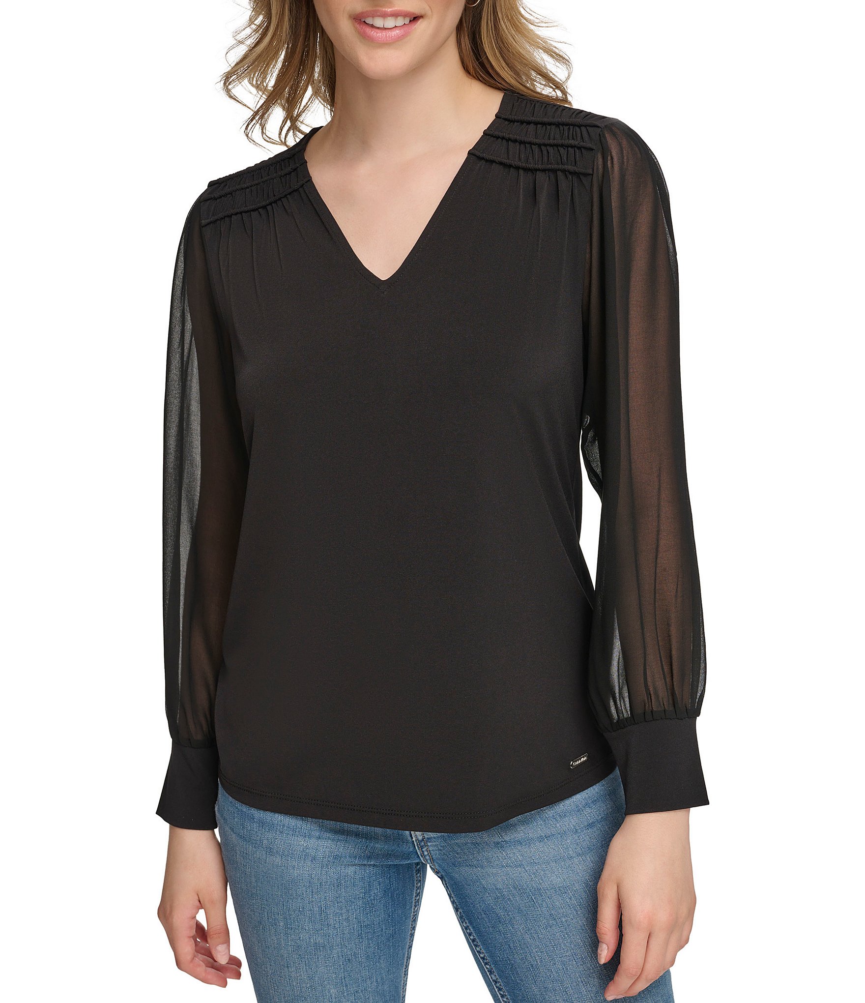 Calvin Klein V-Neck Ruffled Pin Tuck Top | Dillard's