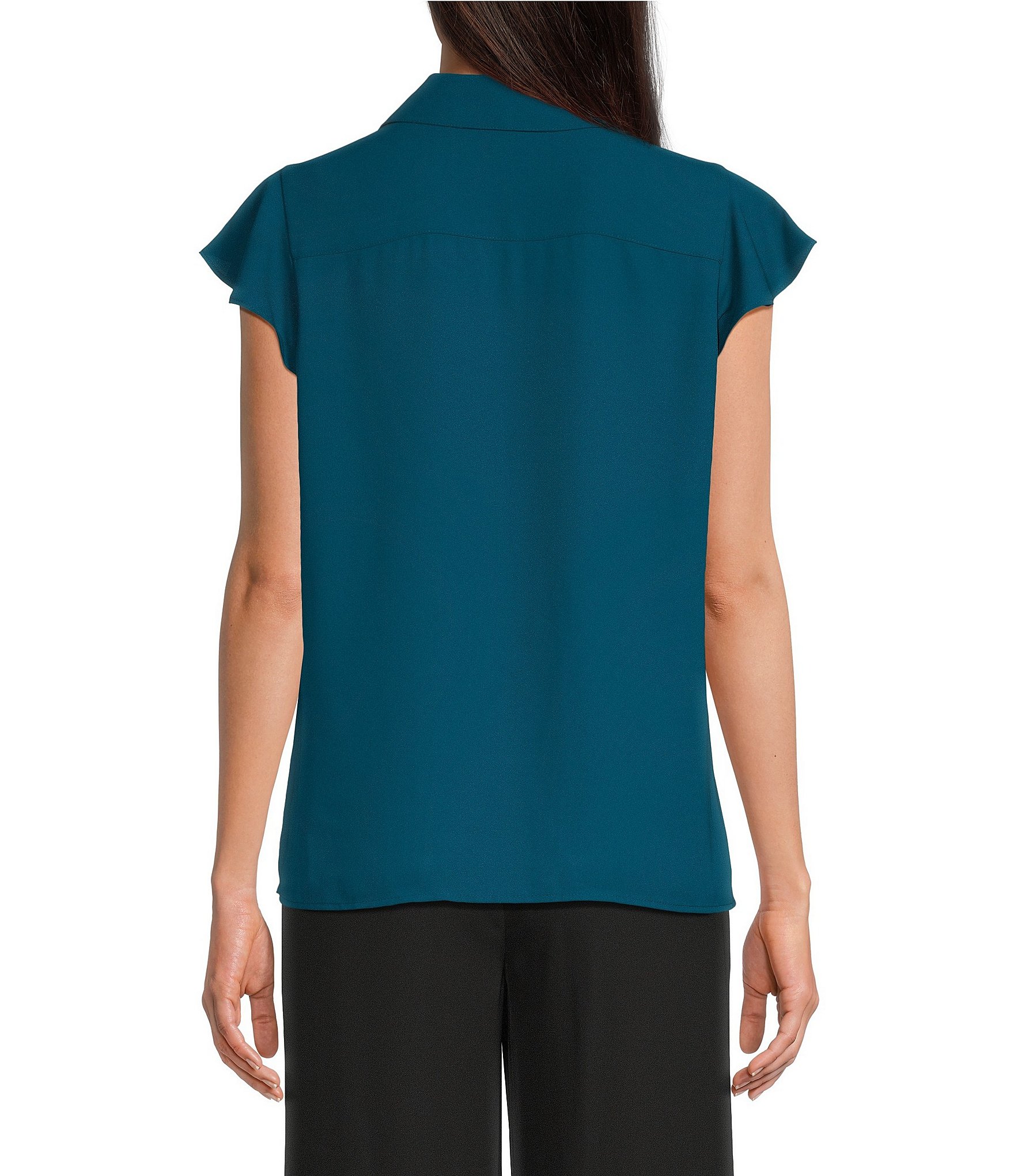 Calvin Klein Woven Georgette Point Collar Cap Sleeve Ruffle Front Blouse