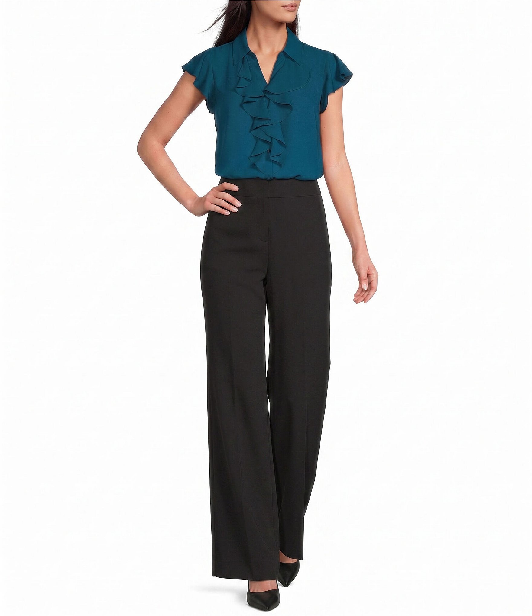 Calvin Klein Woven Georgette Point Collar Cap Sleeve Ruffle Front Blouse