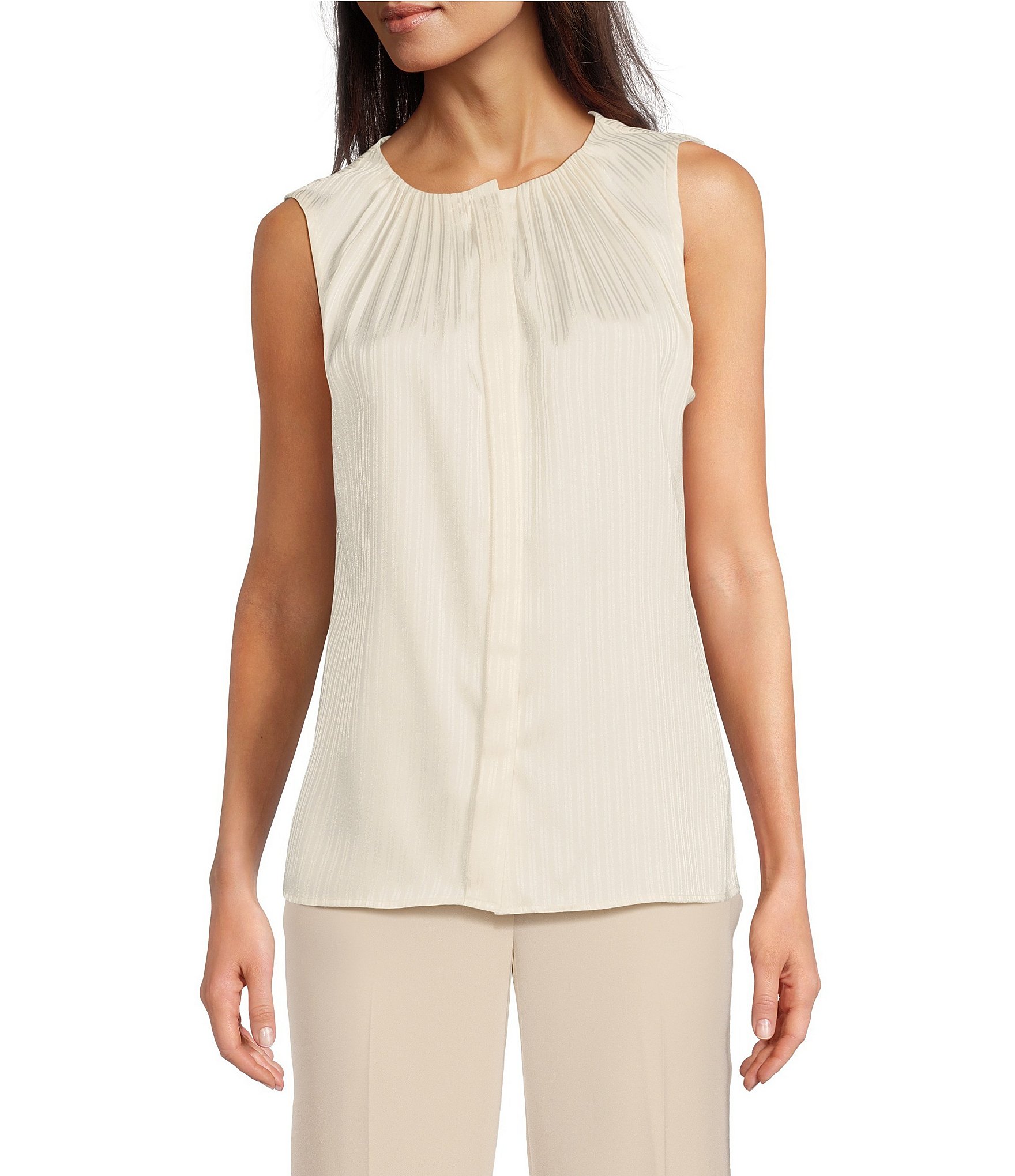 Calvin Klein Woven Pleated Crew Neck Sleeveless Button Front Top ...