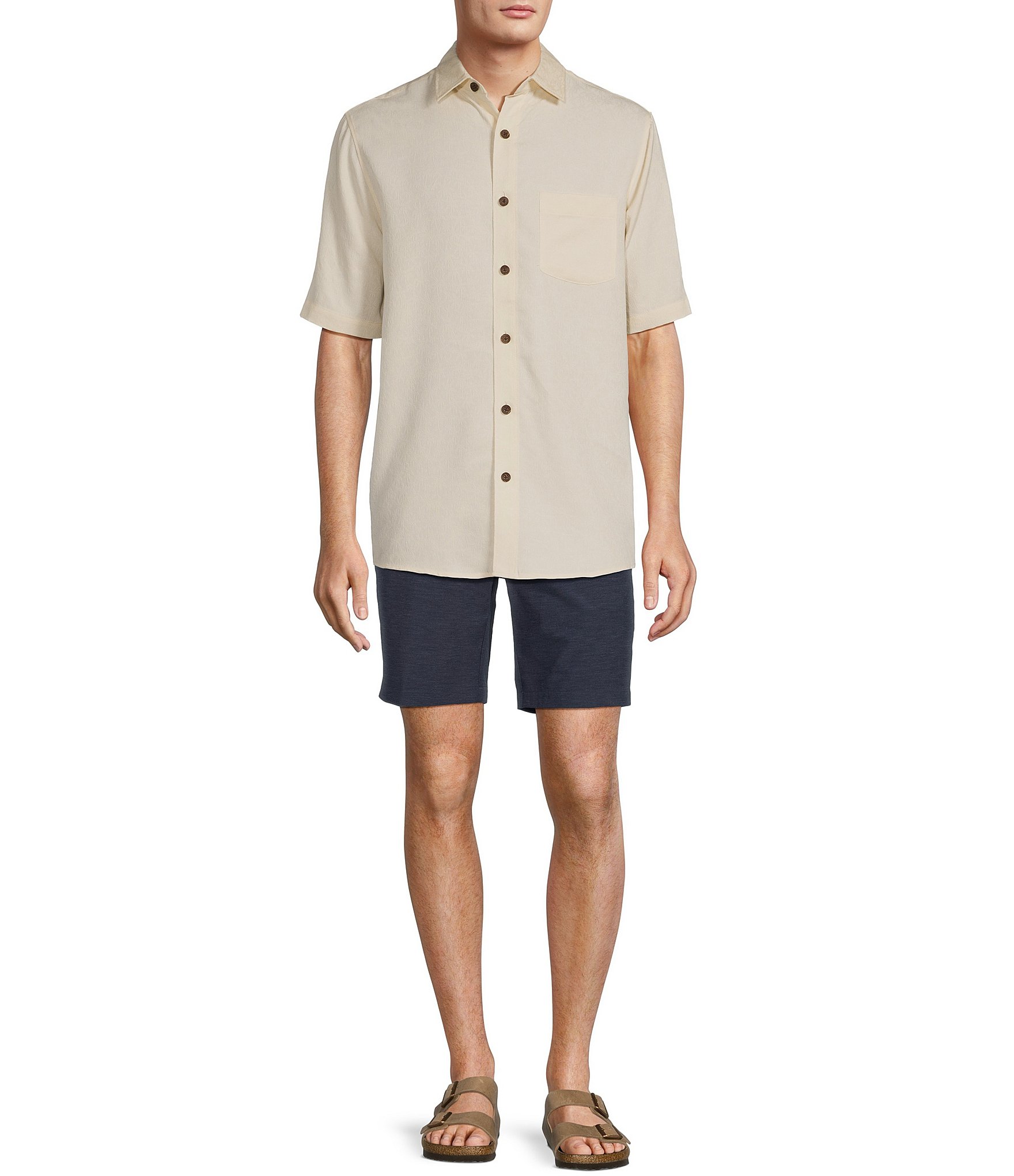 Caribbean Big & Tall Palm Paradise Jacquard Solid Short Sleeve Woven Shirt