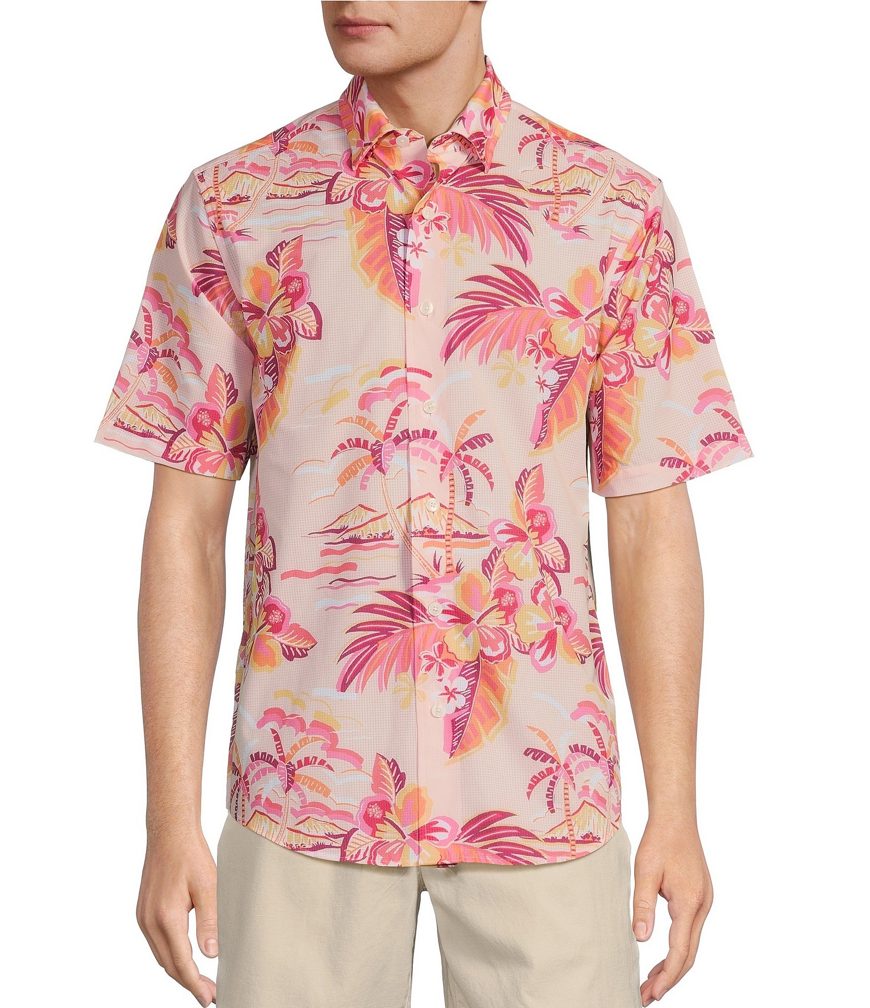 Caribbean Big & Tall Performance Stretch Pastel Palm Printed Short Sleeve Woven Shirt