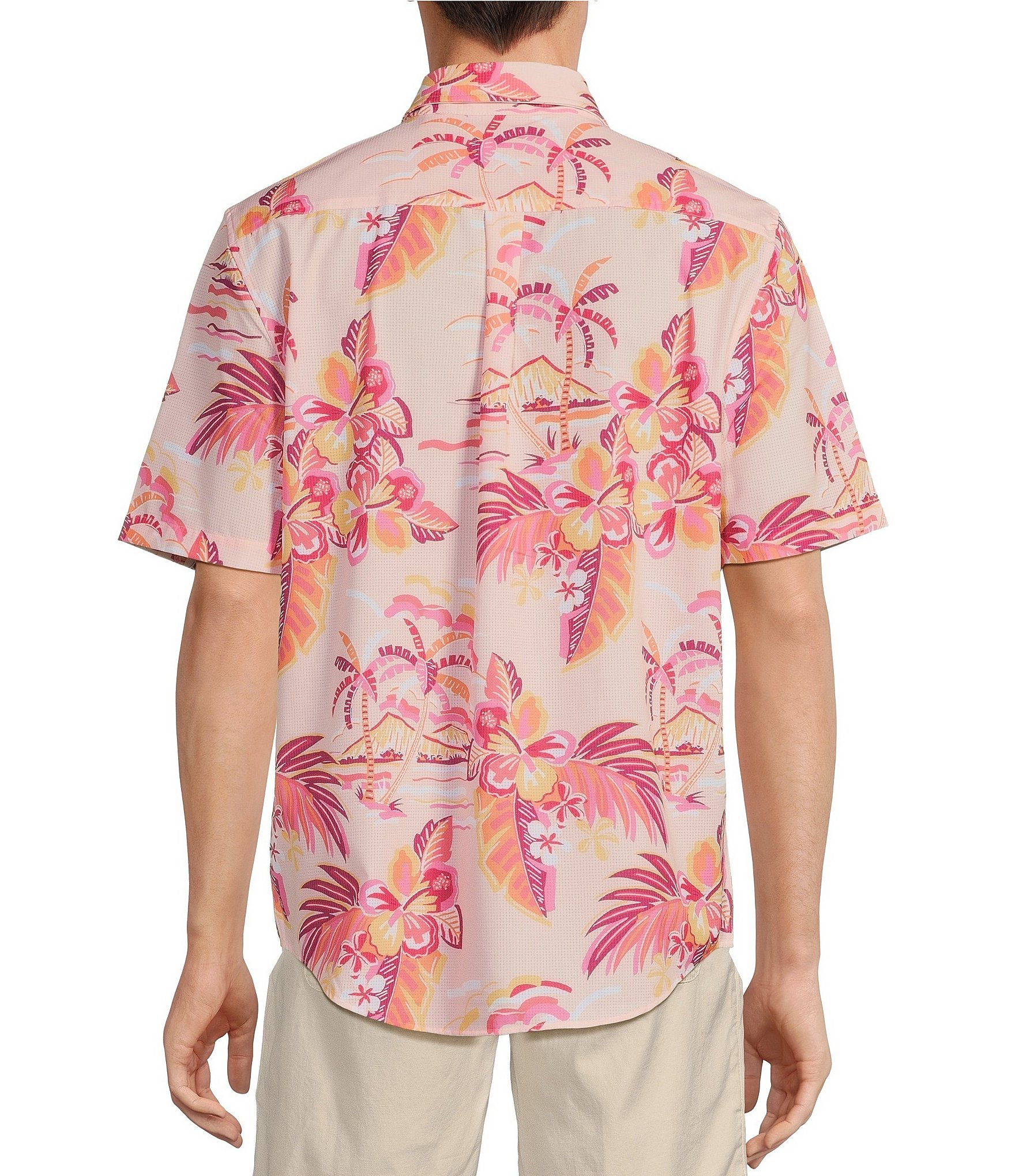 Caribbean Big & Tall Performance Stretch Pastel Palm Printed Short Sleeve Woven Shirt