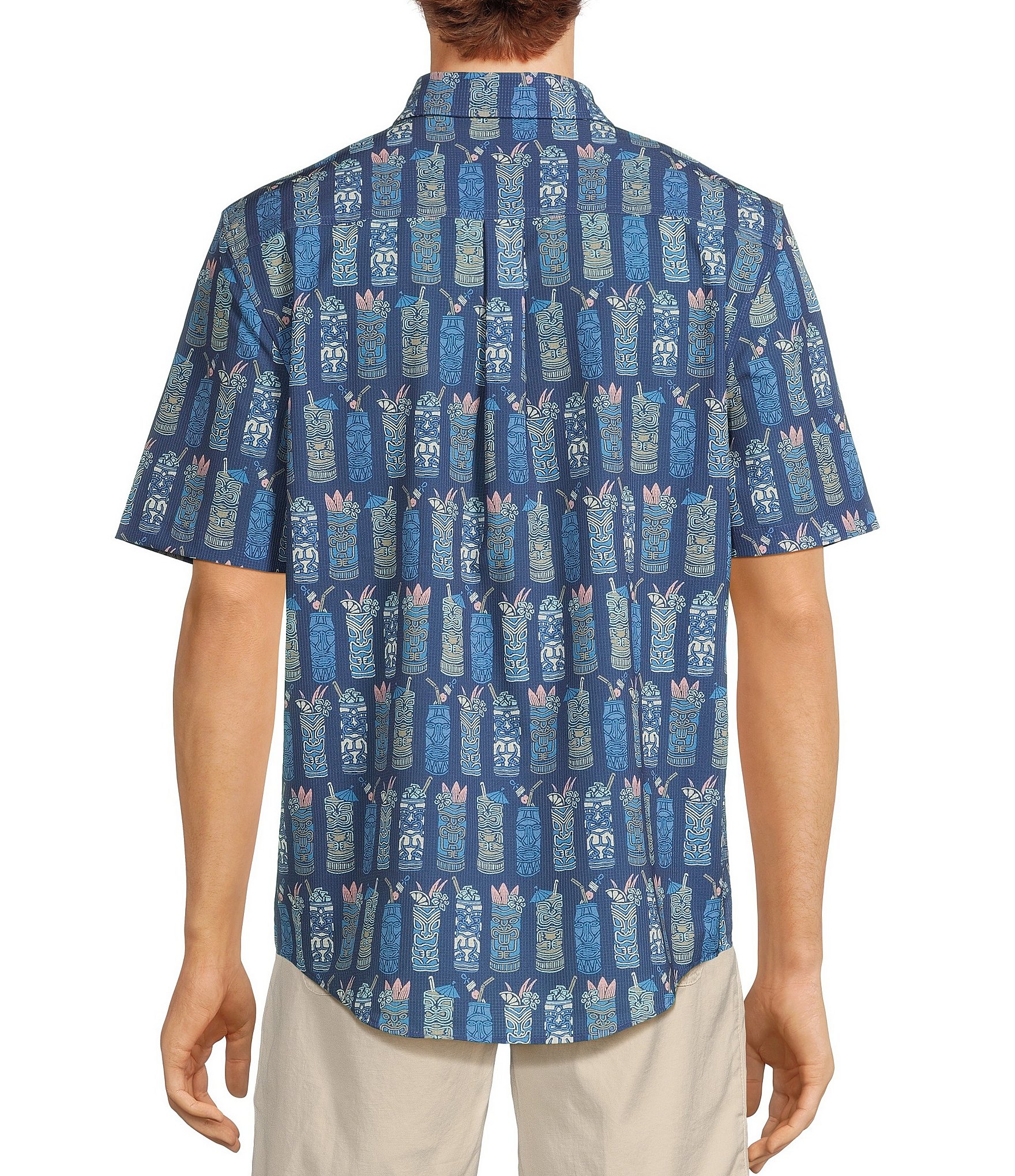 Caribbean Big & Tall Performance Stretch Tiki Drink Print Short Sleeve Woven Shirt