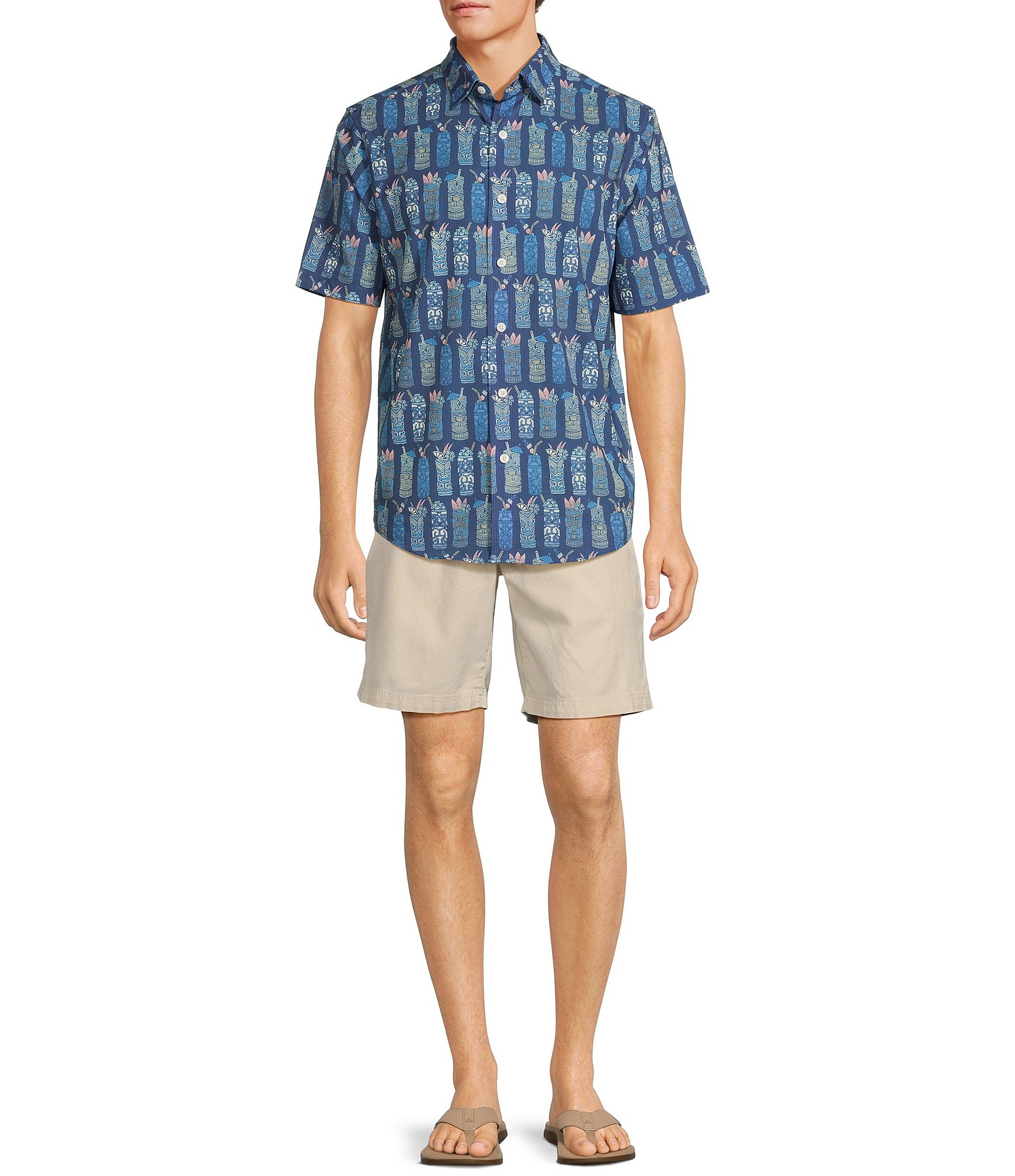 Caribbean Big & Tall Performance Stretch Tiki Drink Print Short Sleeve Woven Shirt