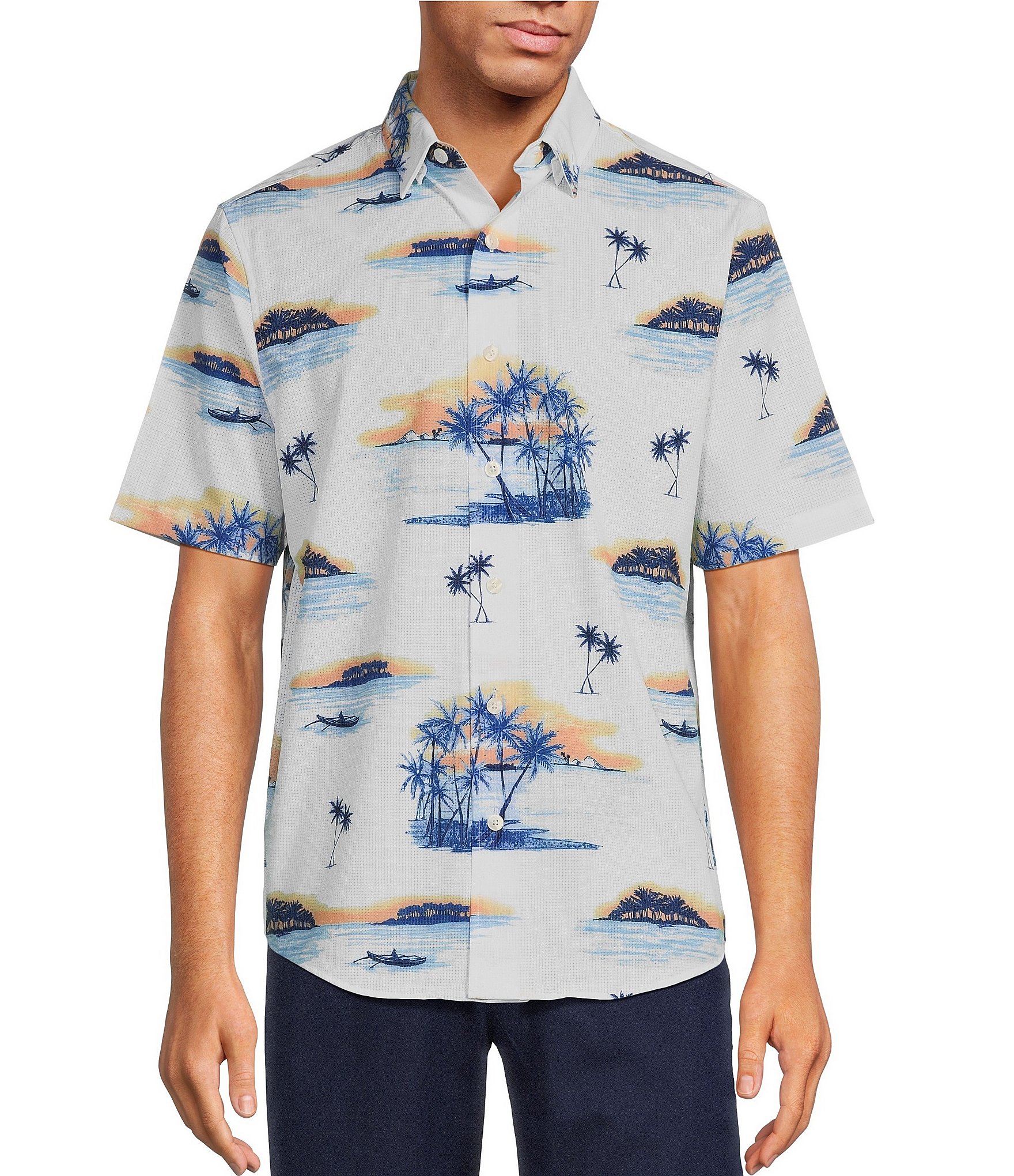 Caribbean Big & Tall Performance Stretch Tropical Sunset Palm Print Short Sleeve Woven Shirt