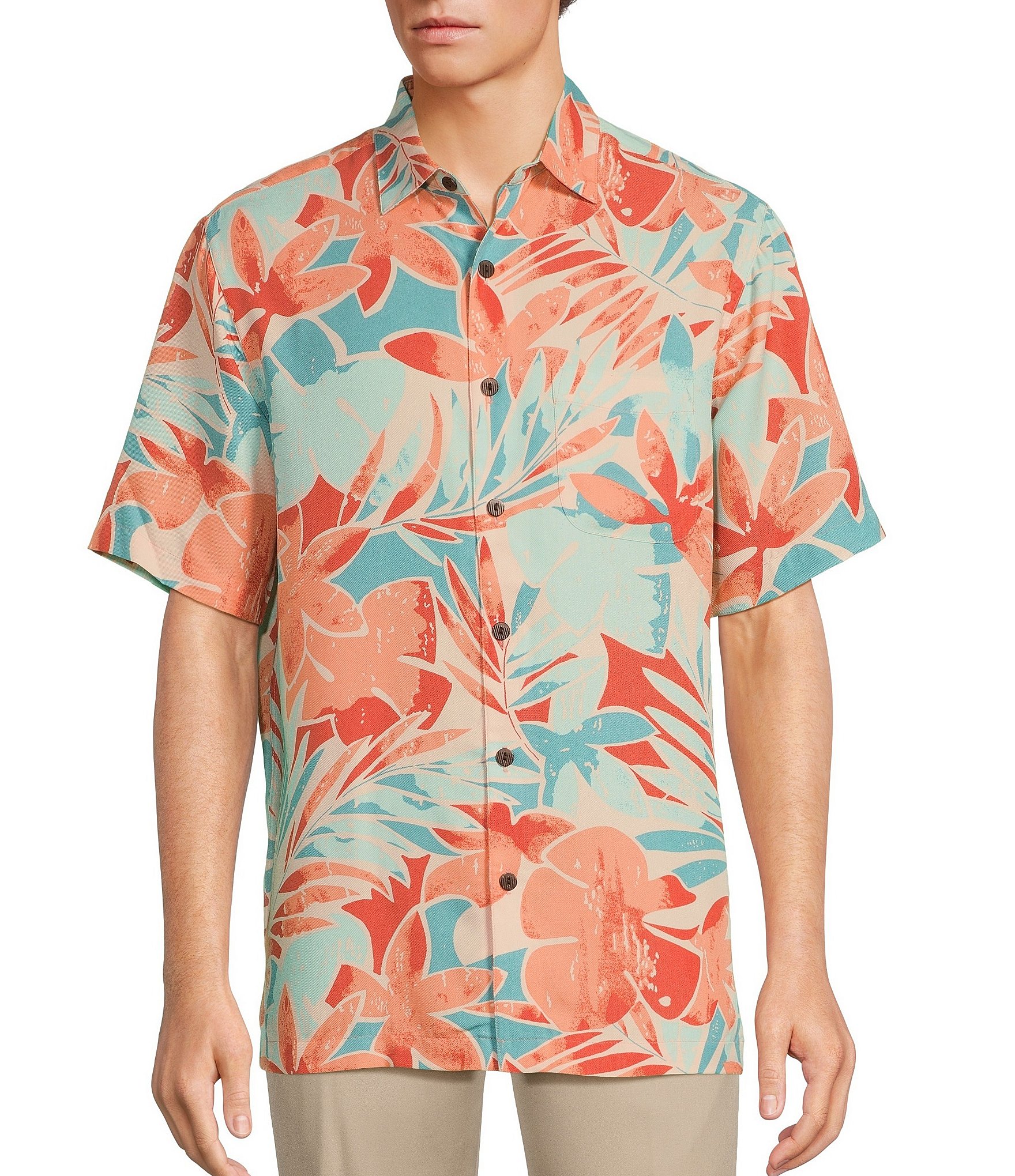 Caribbean Big Retro Floral Print Short Sleeve Woven Shirt | Dillard's