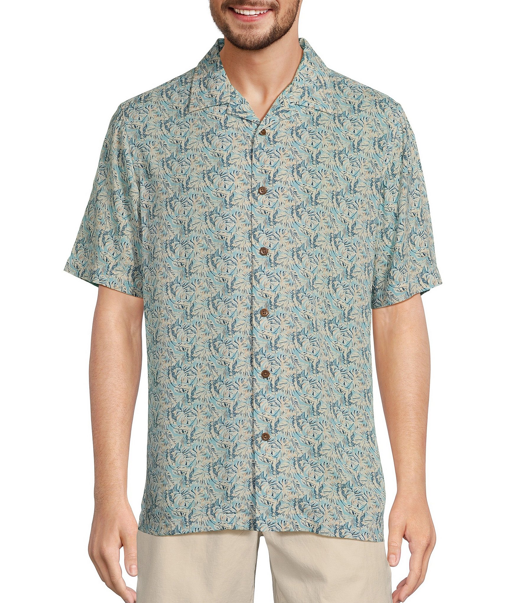 Caribbean Crushed Rayon Leaf Printed Short Sleeve Woven Camp Shirt