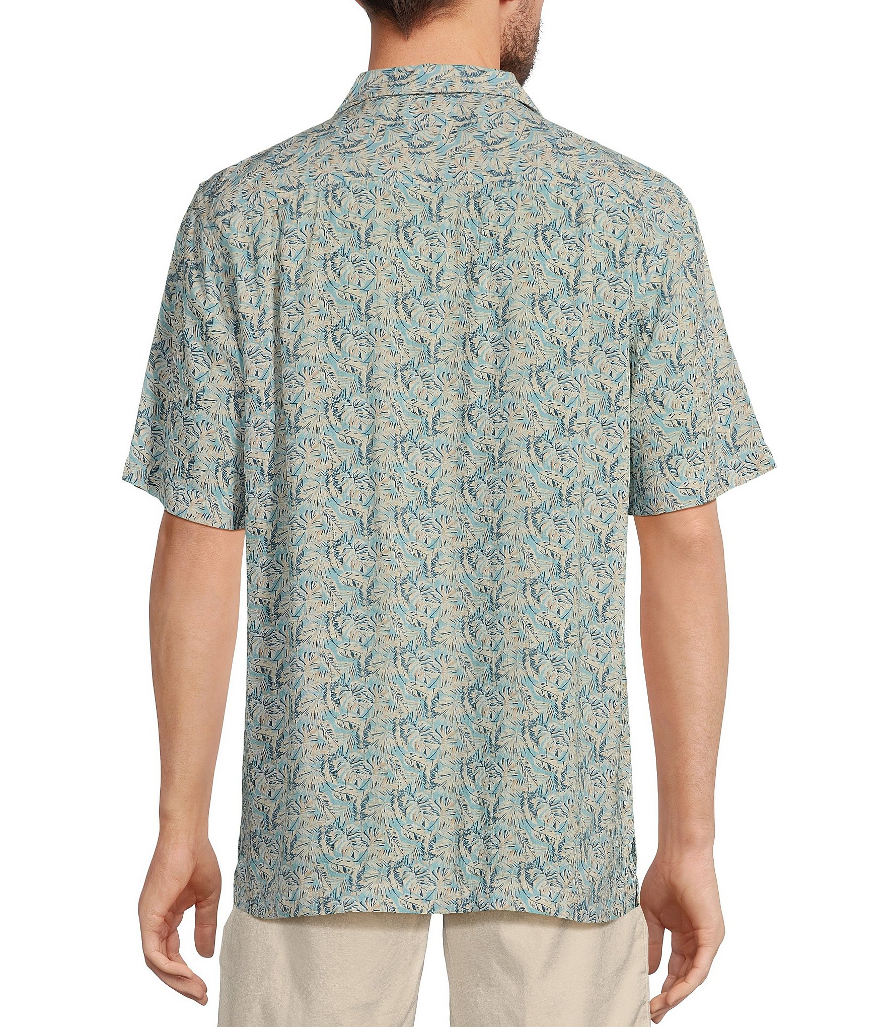 Caribbean Crushed Rayon Leaf Printed Short Sleeve Woven Camp Shirt