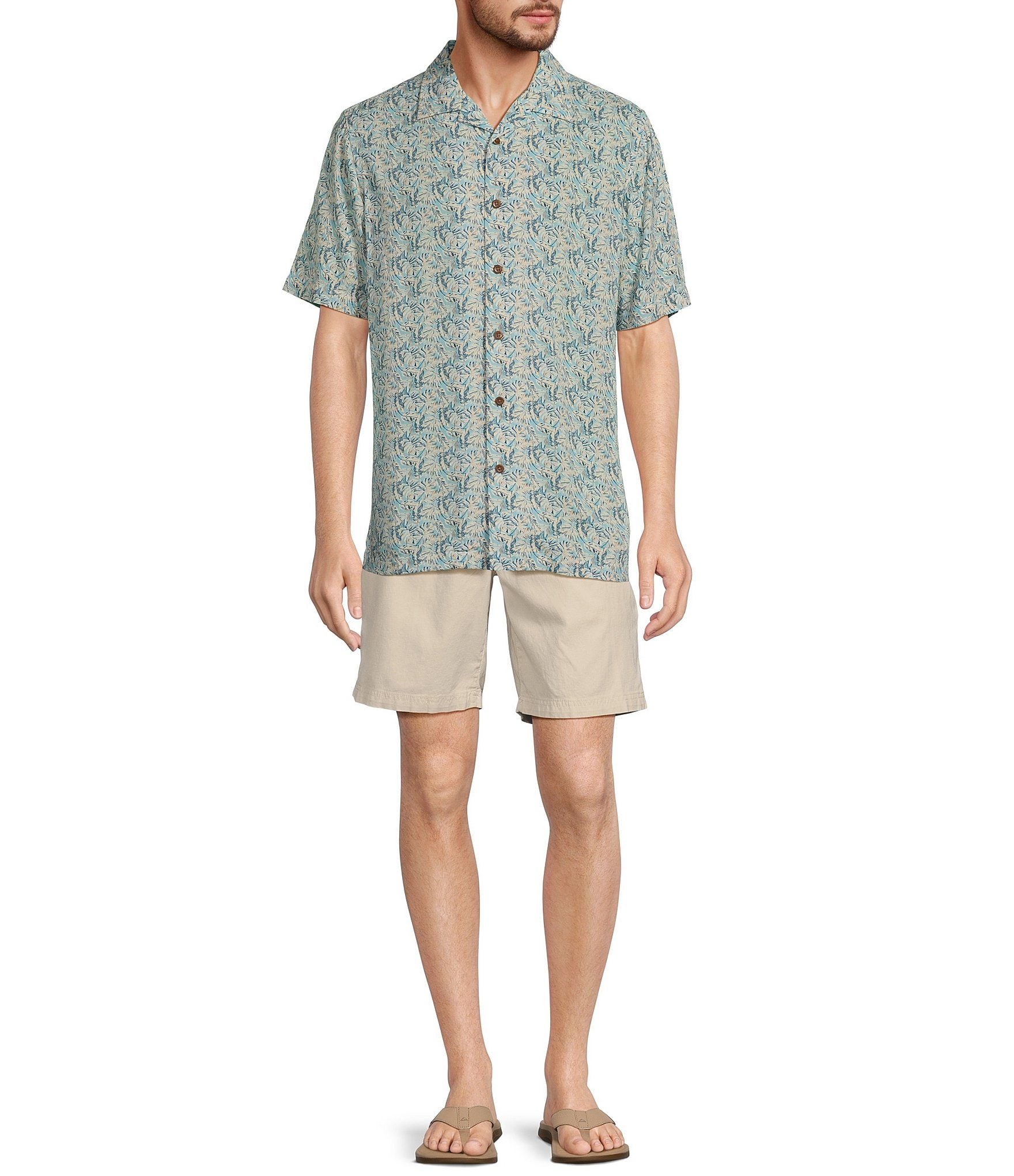 Caribbean Crushed Rayon Leaf Printed Short Sleeve Woven Camp Shirt