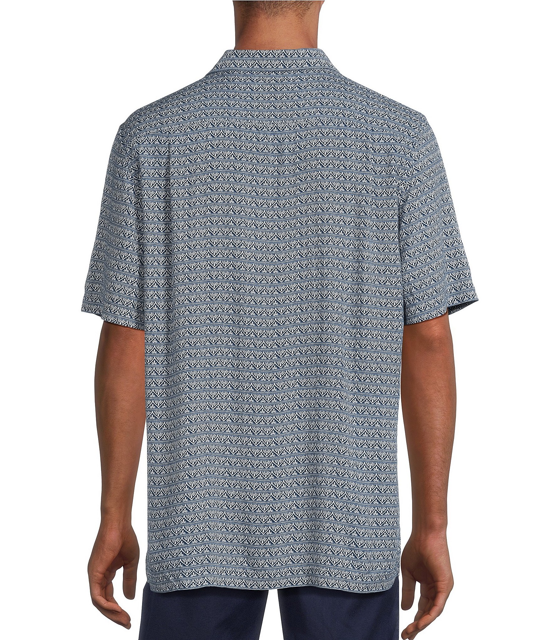 Caribbean Crushed Rayon Mini Geometric Print Short Sleeve Woven Camp Shirt