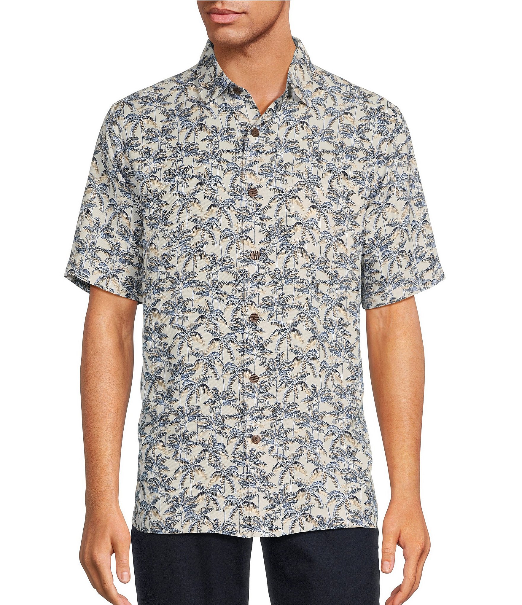 Caribbean Deco Palm Print Short Sleeve Woven Shirt 