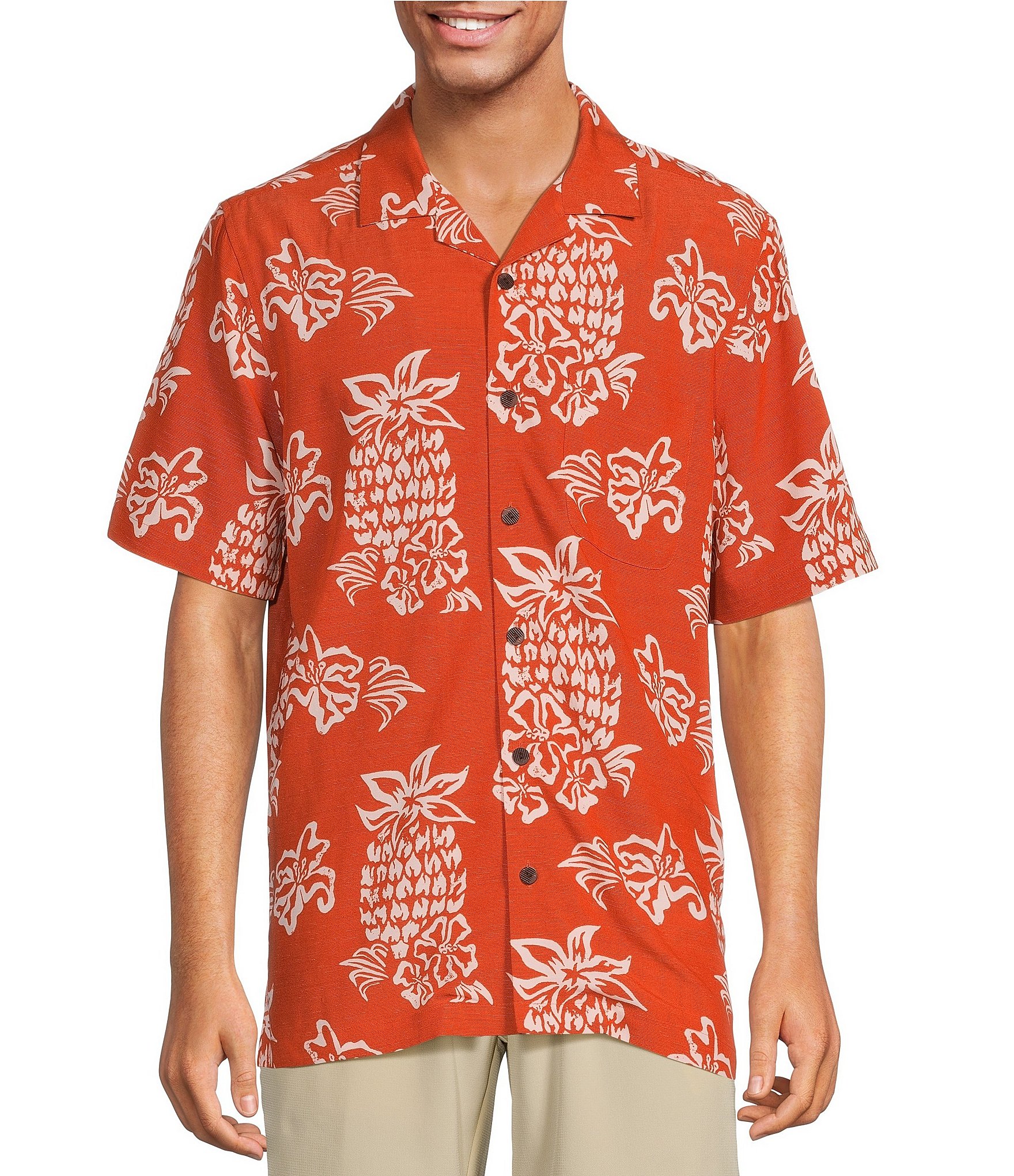 Caribbean Floral Pineapple Printed Short Sleeve Woven Shirt