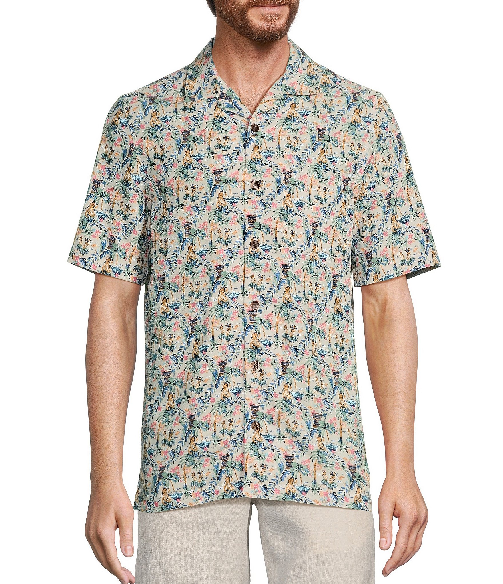 Caribbean Hula Tiki Printed Short Sleeve Woven Shirt