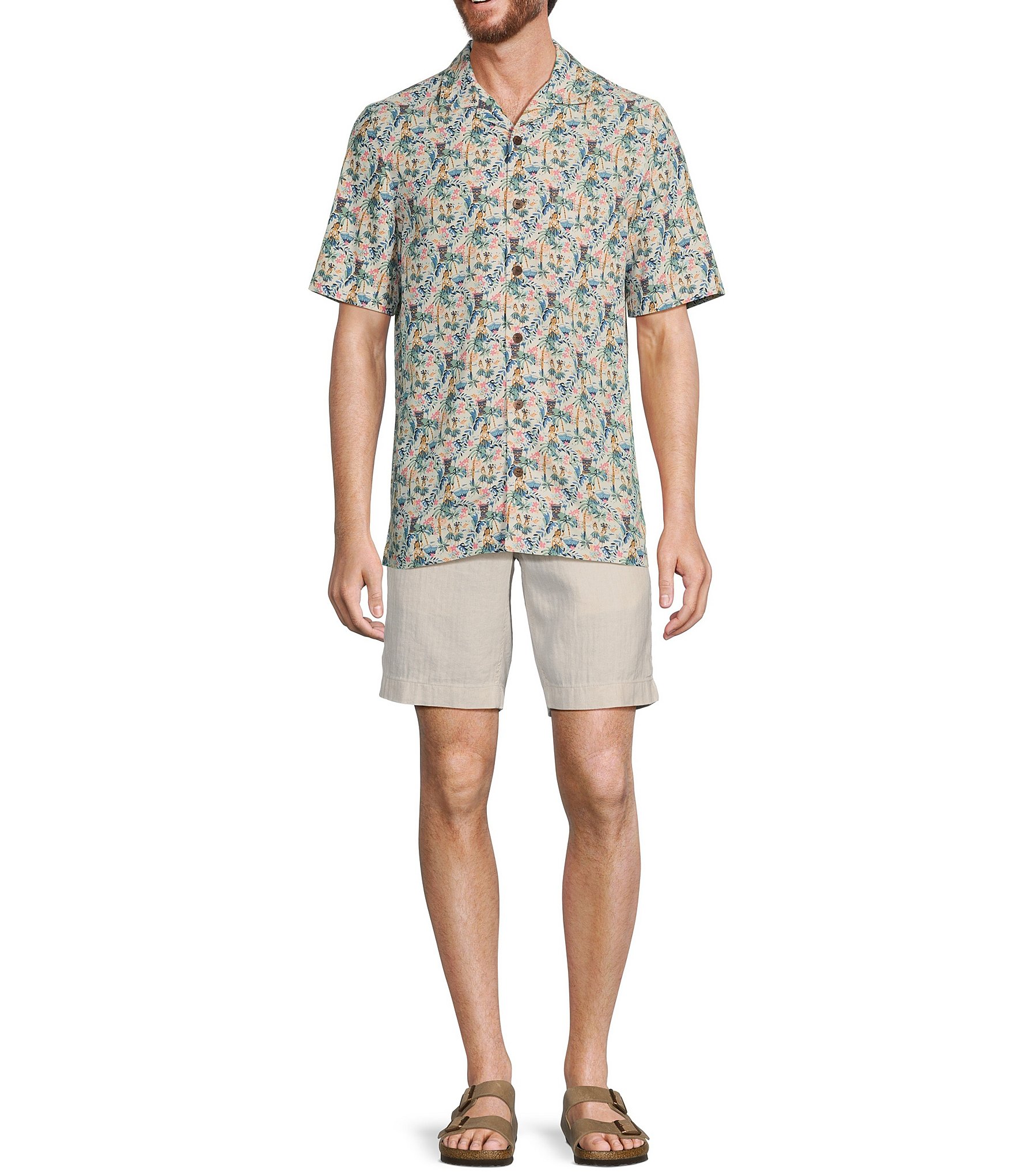 Caribbean Hula Tiki Printed Short Sleeve Woven Shirt