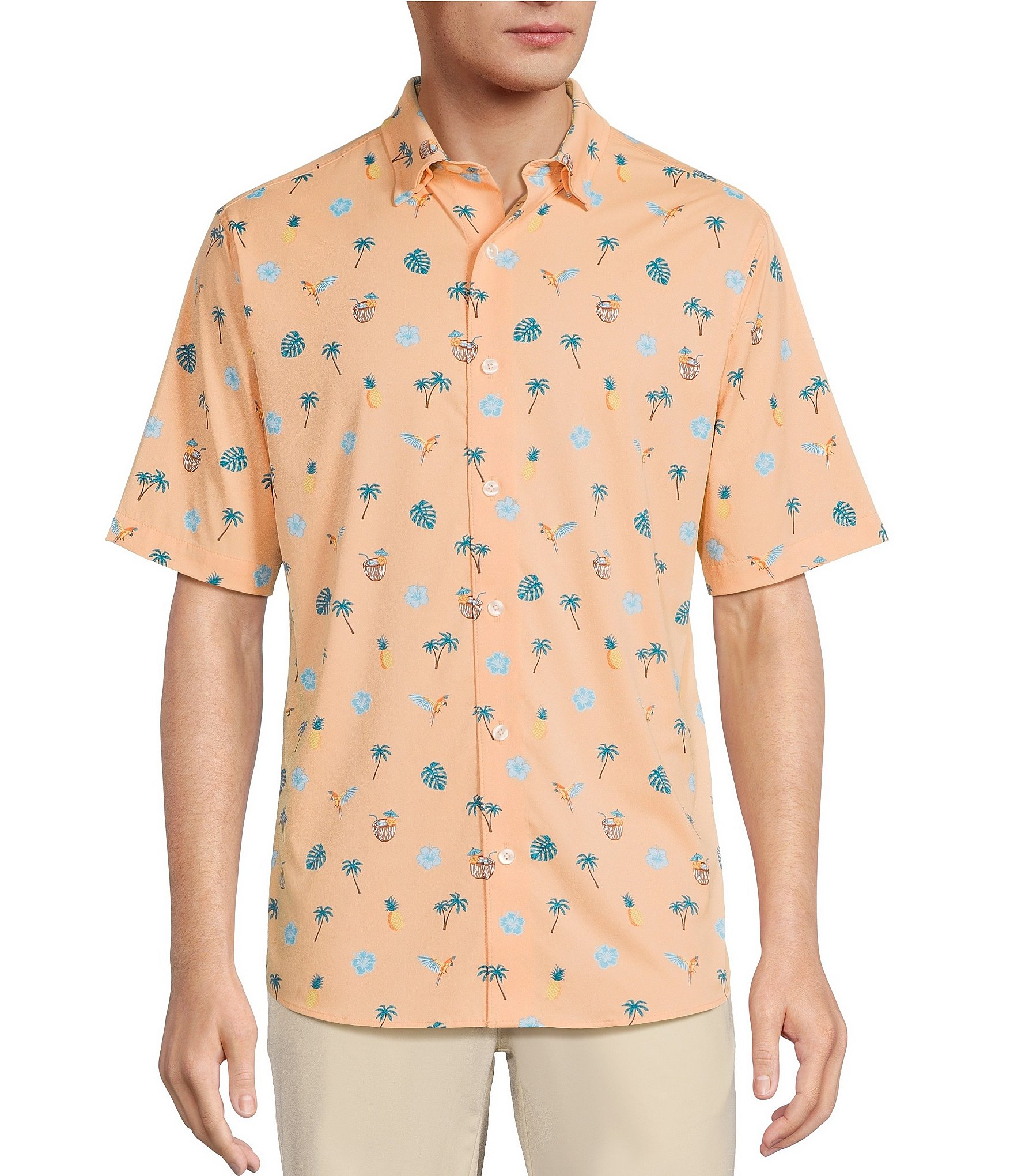 Caribbean Isle Breeze Performance Stretch Coconut Print Short Sleeve Woven Shirt