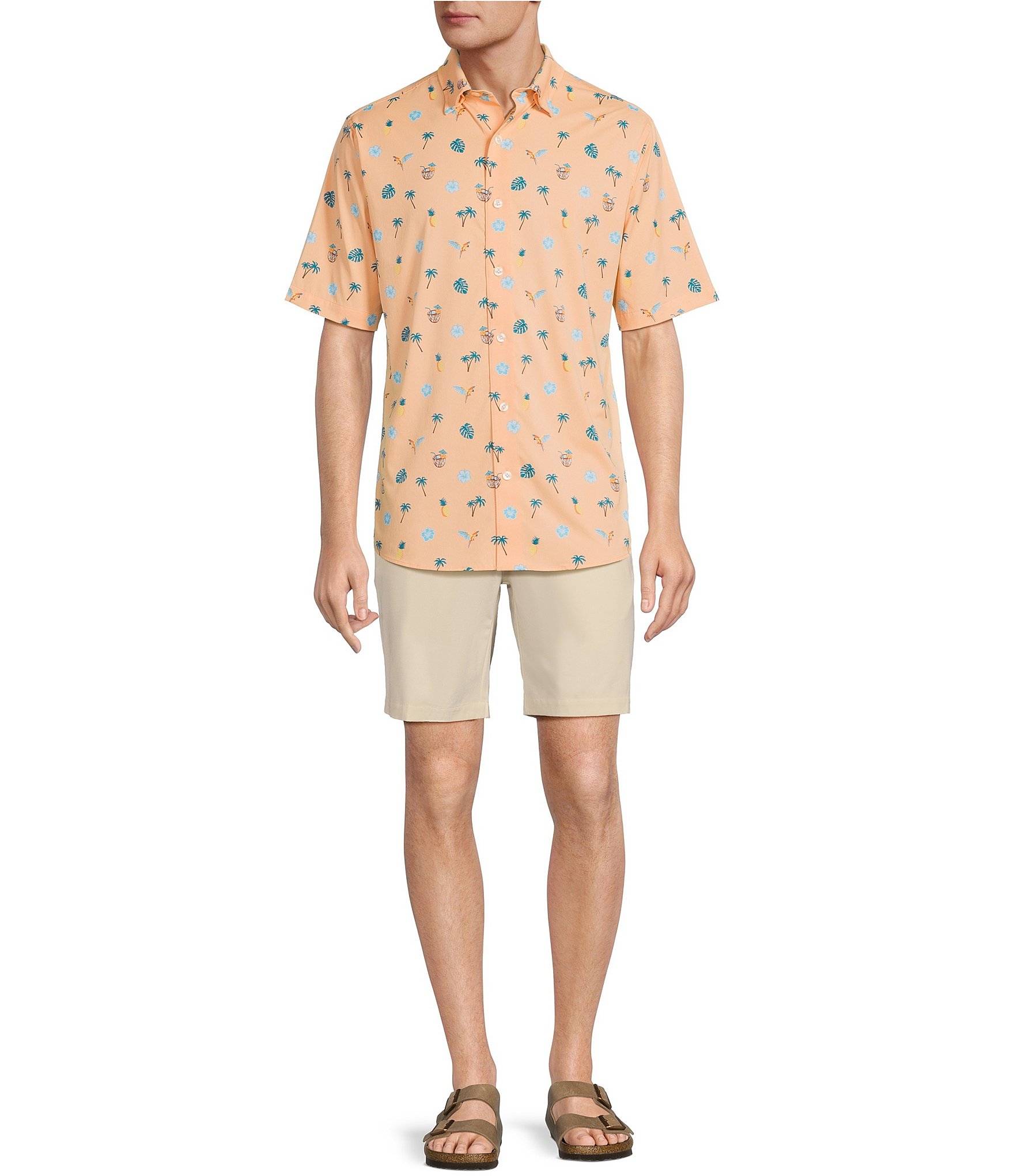Caribbean Isle Breeze Performance Stretch Coconut Print Short Sleeve Woven Shirt