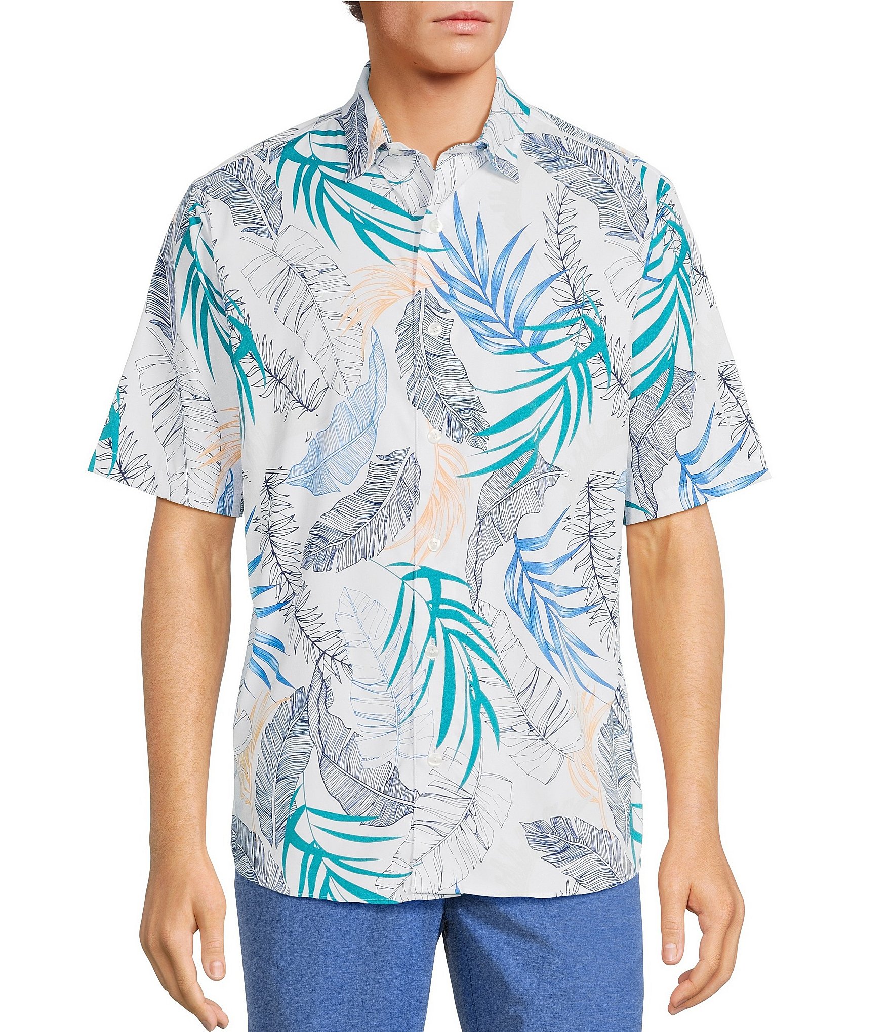 Caribbean Isle Breeze Performance Stretch Large Leaves Tropical Print Short Sleeve Woven Shirt