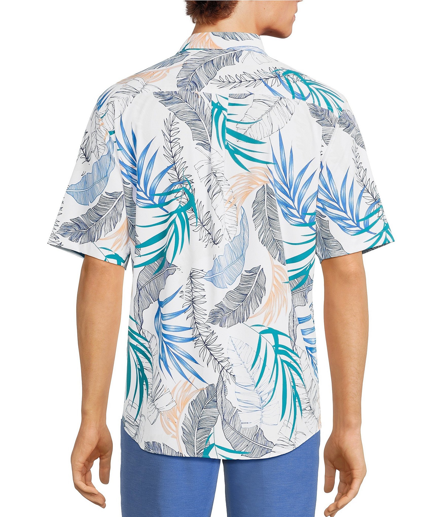 Caribbean Isle Breeze Performance Stretch Large Leaves Tropical Print Short Sleeve Woven Shirt