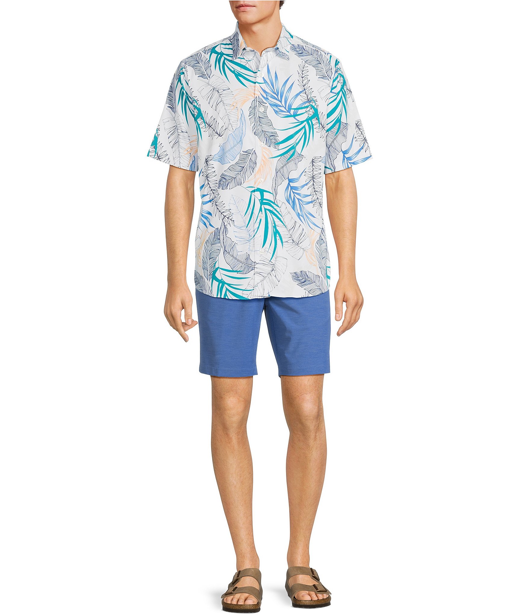 Caribbean Isle Breeze Performance Stretch Large Leaves Tropical Print Short Sleeve Woven Shirt