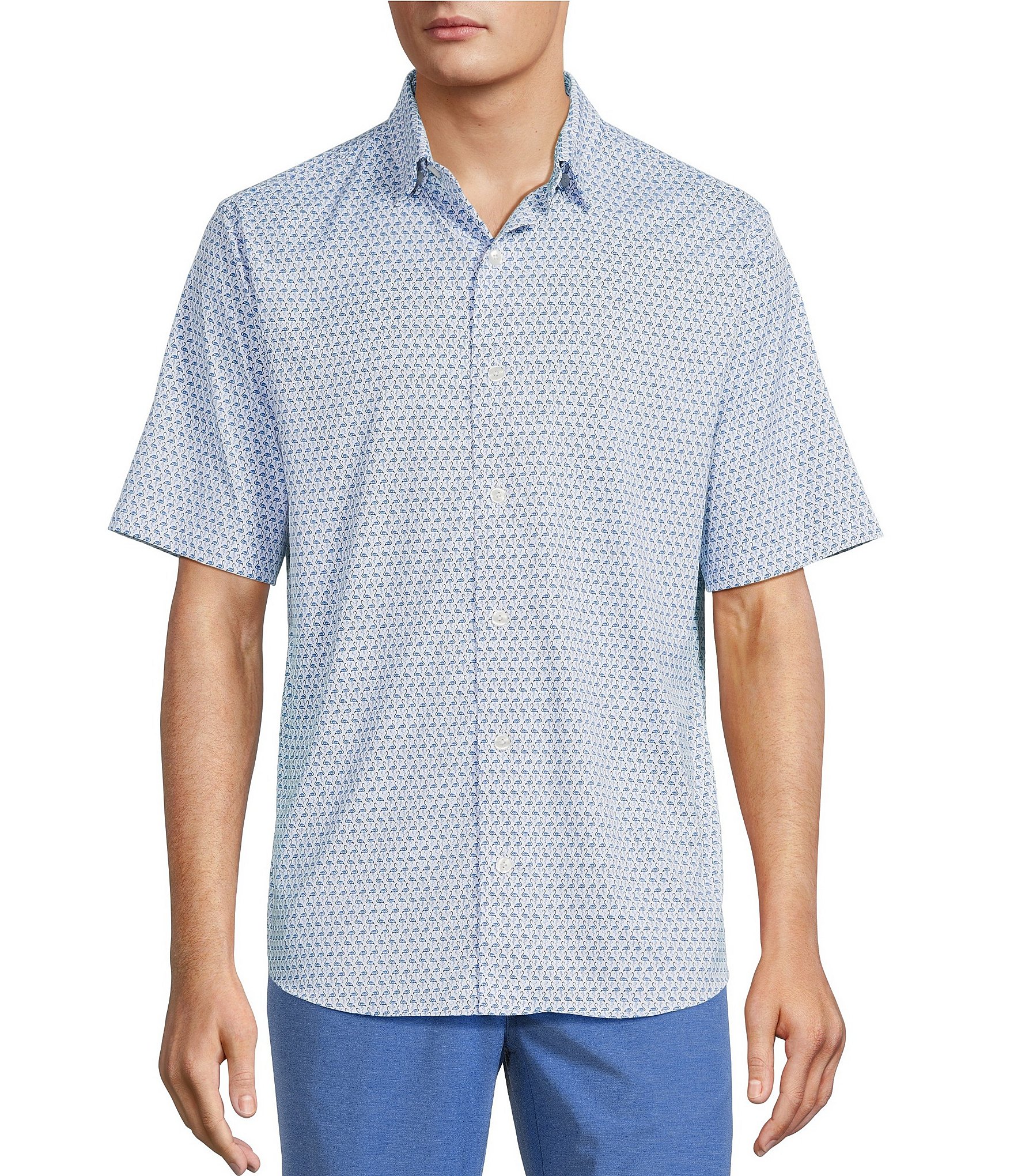 Caribbean Isle Breeze Performance Stretch Mini Flamingo Print Short Sleeve Woven Shirt