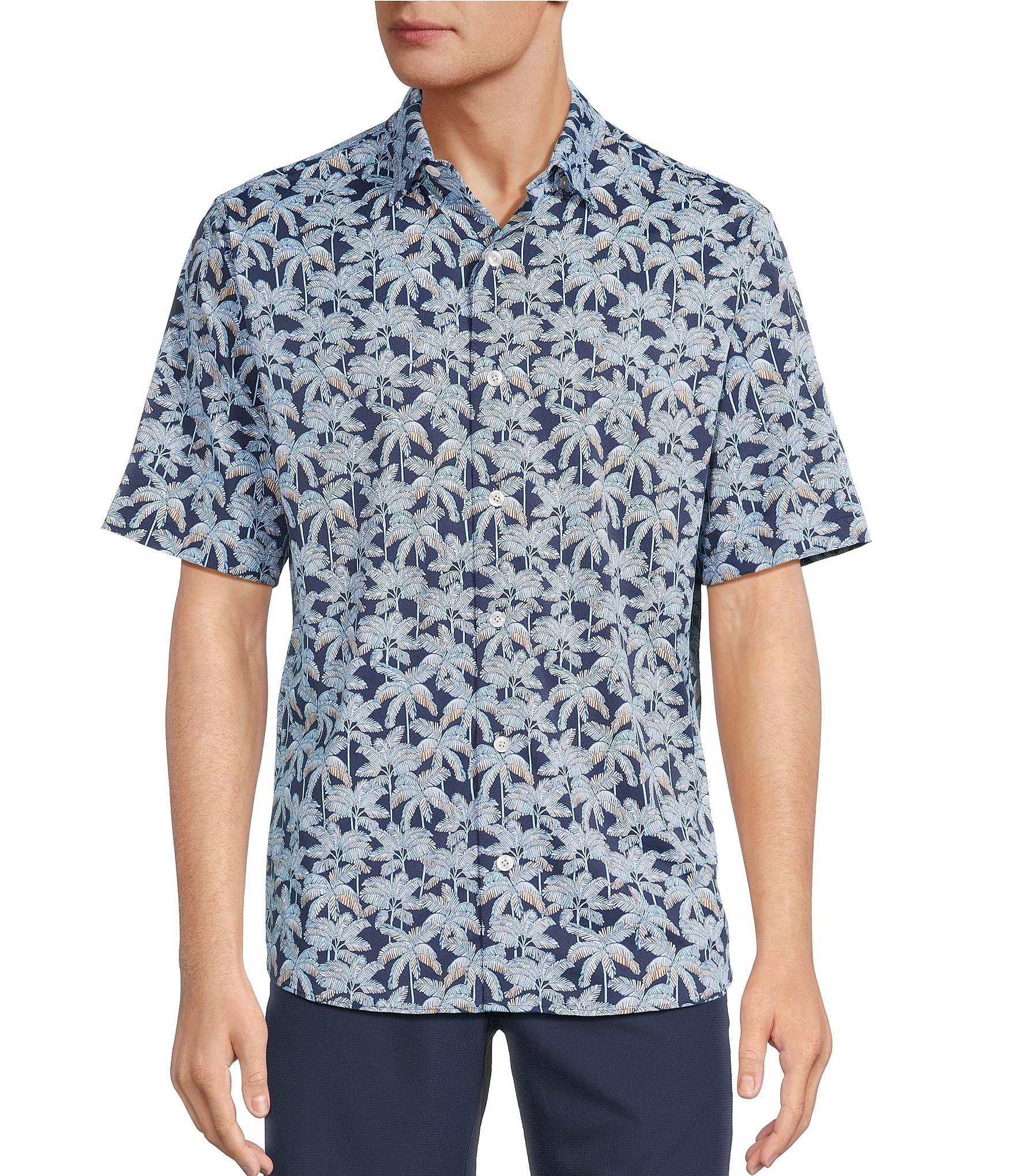 Caribbean Isle Breeze Performance Stretch Palm Print Short Sleeve Woven Shirt