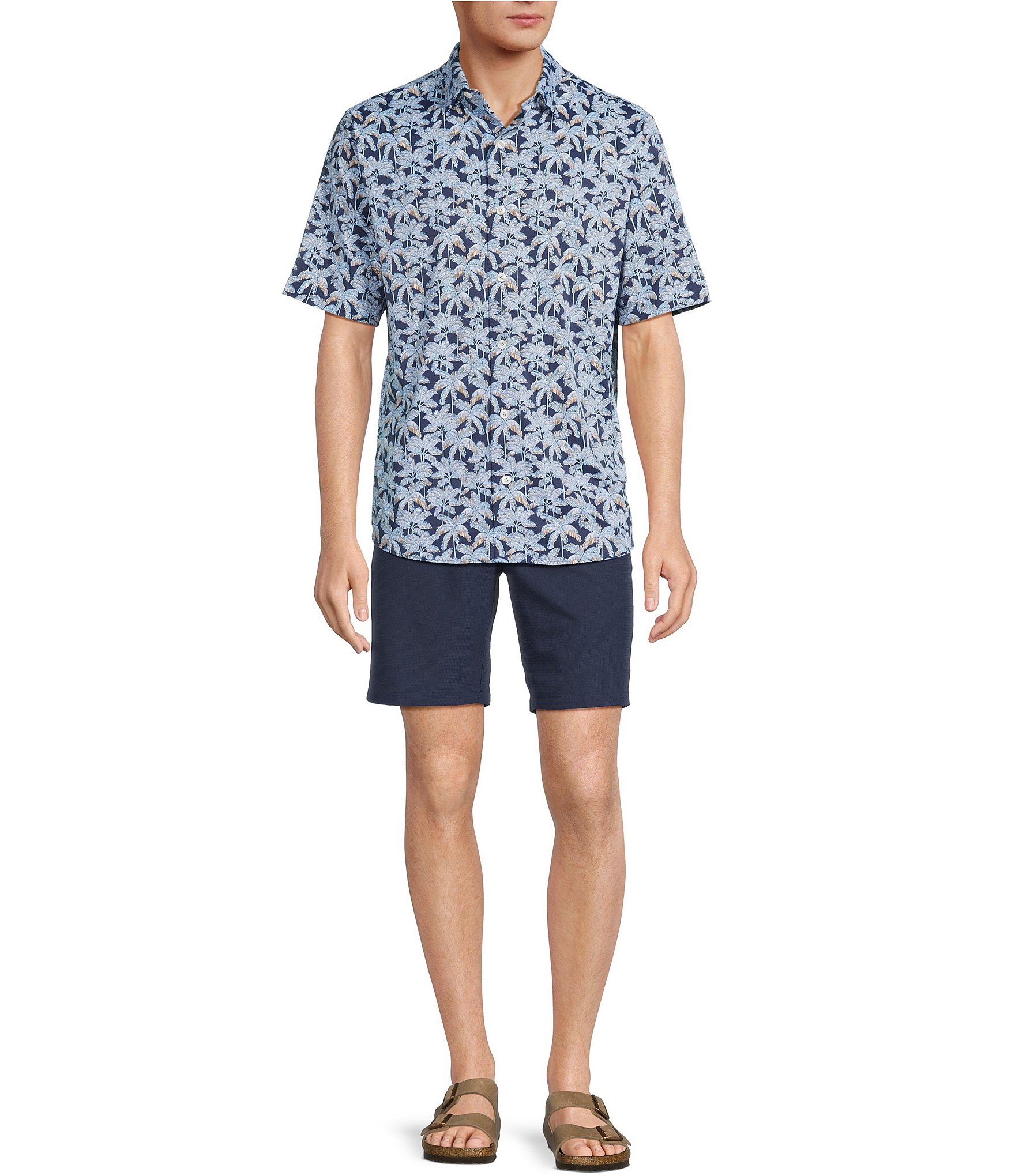 Caribbean Isle Breeze Performance Stretch Palm Print Short Sleeve Woven Shirt