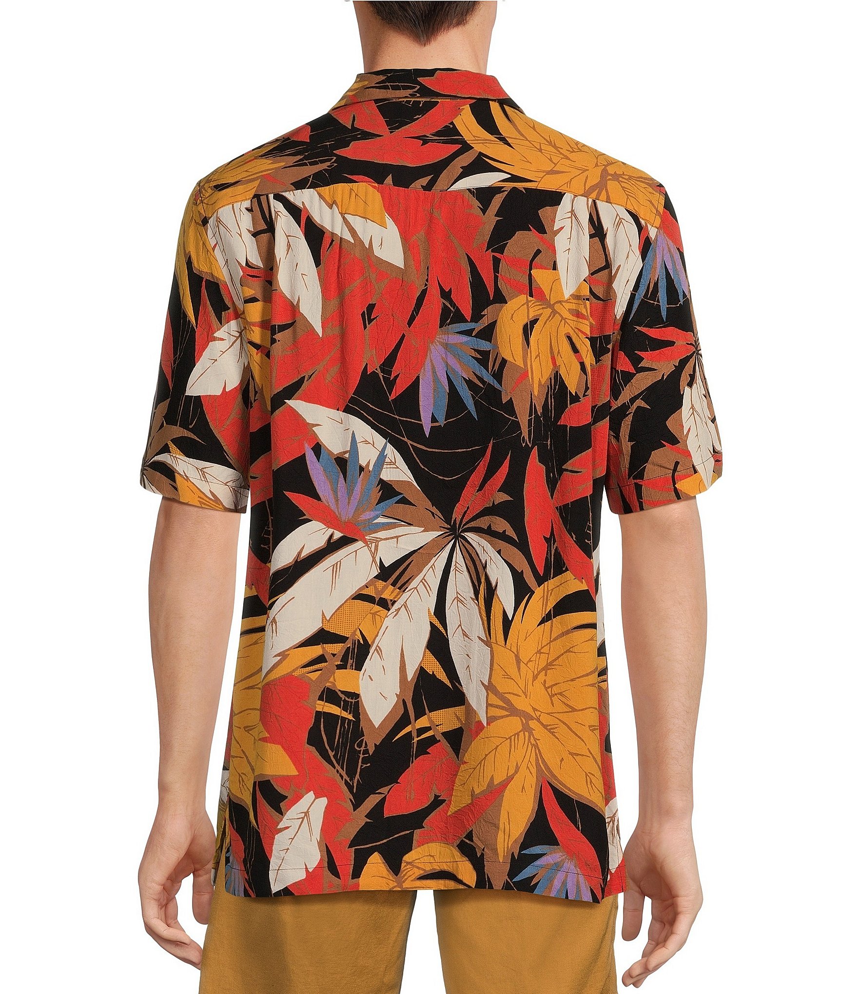 Caribbean Large Leaf Printed Short Sleeve Woven Camp Shirt