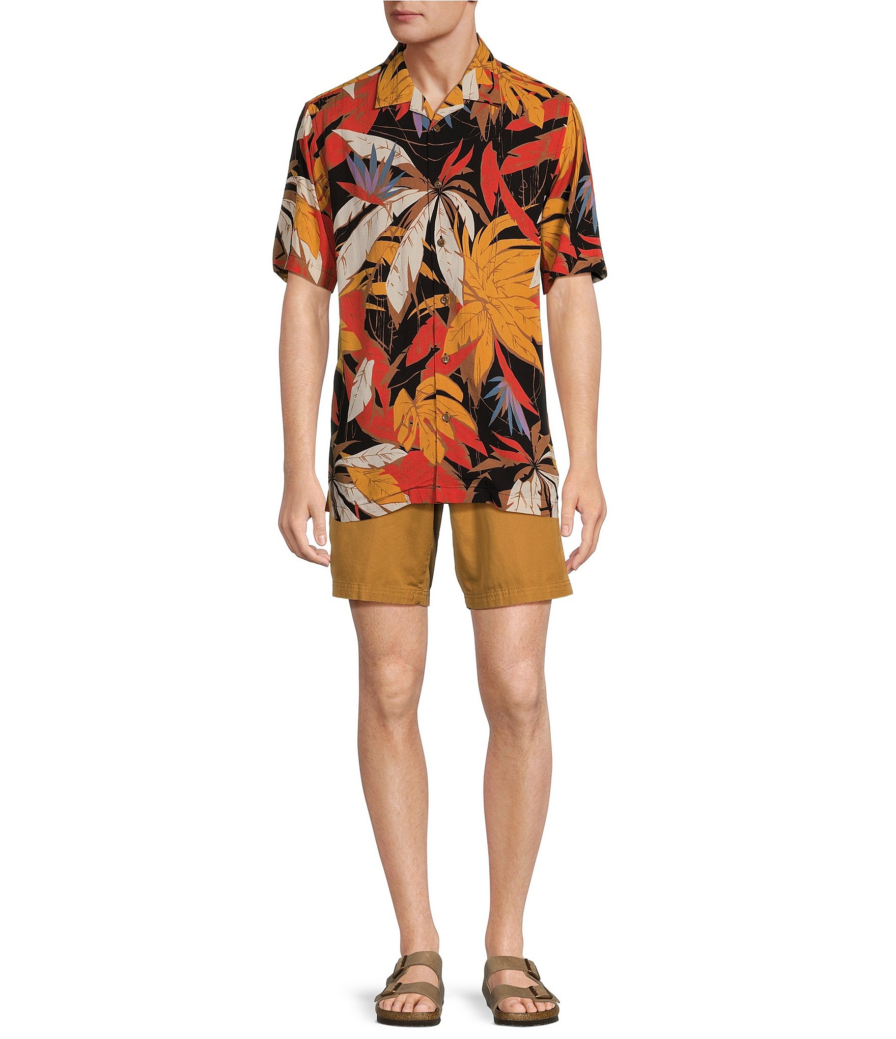 Caribbean Large Leaf Printed Short Sleeve Woven Camp Shirt