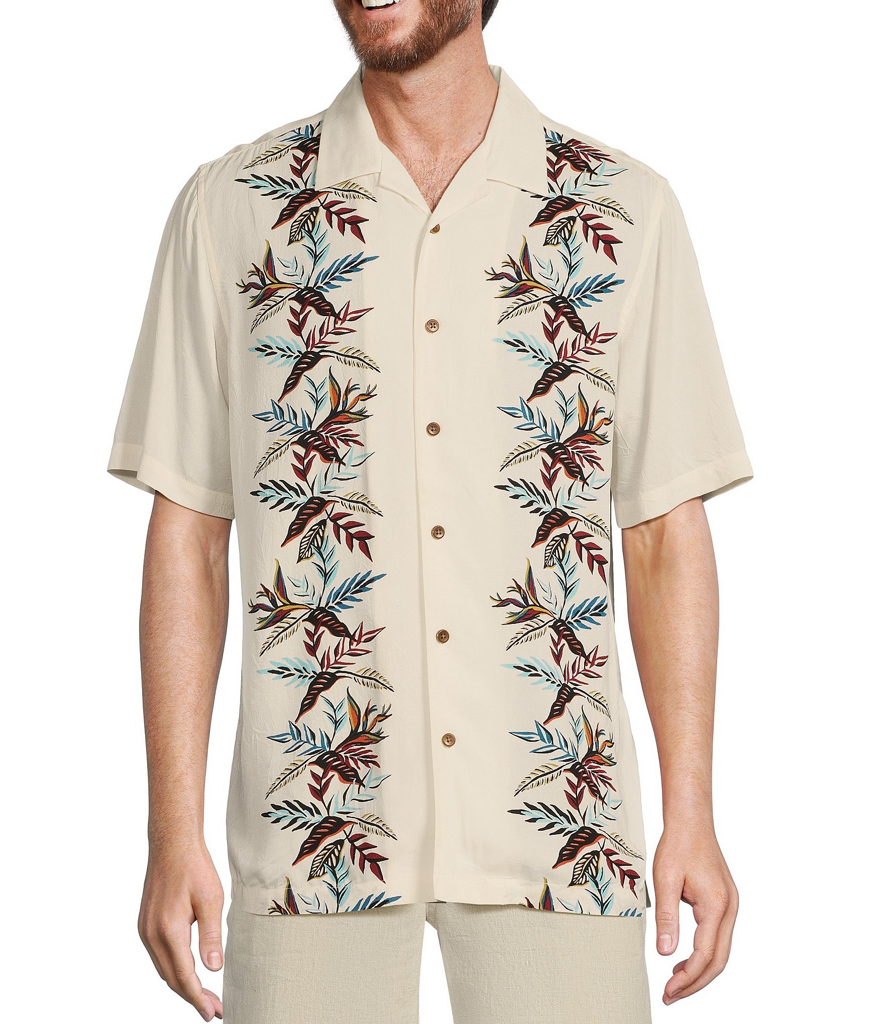 Caribbean Leaf Panel Printed Short Sleeve Woven Camp Shirt