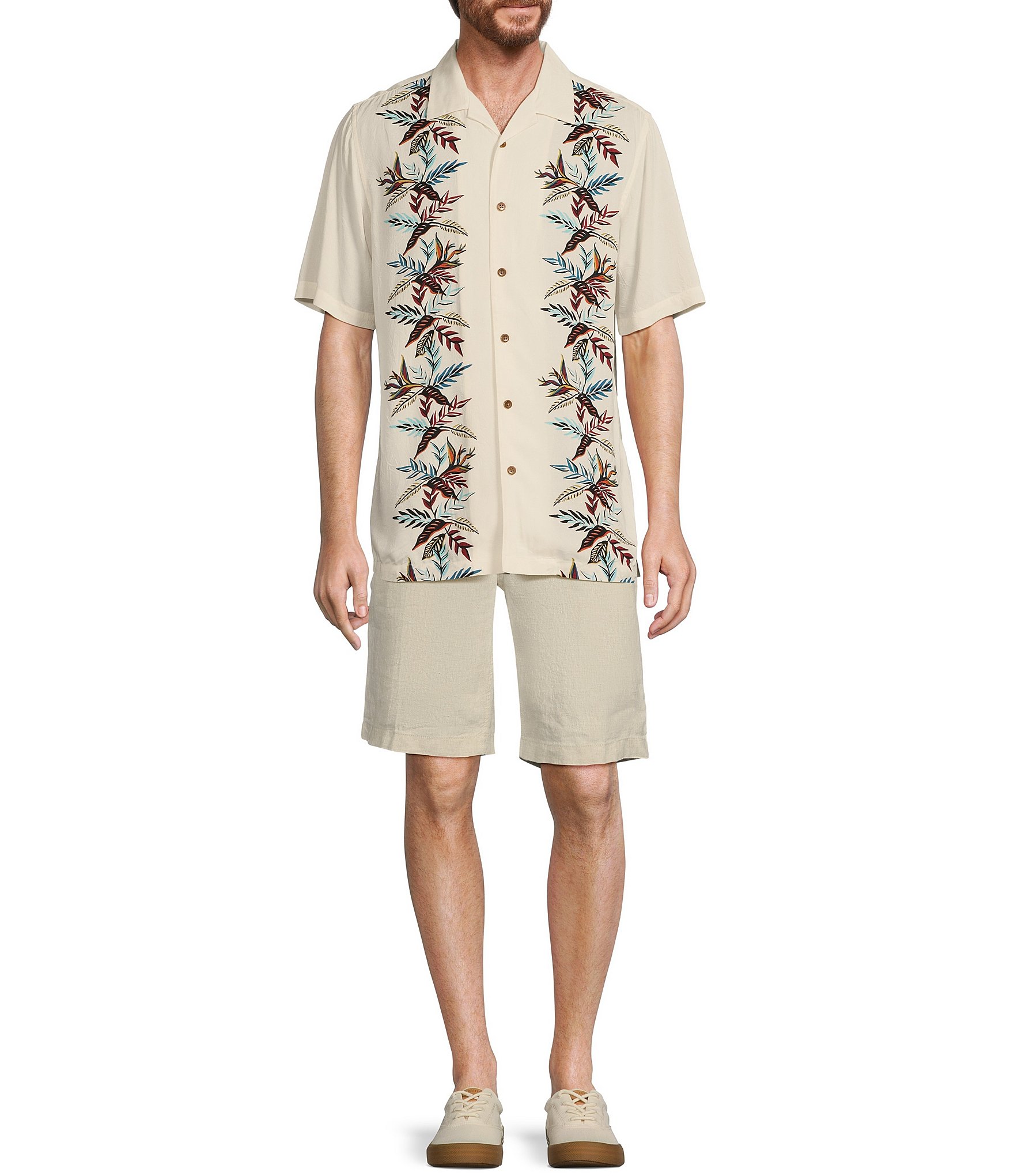 Caribbean Leaf Panel Printed Short Sleeve Woven Camp Shirt