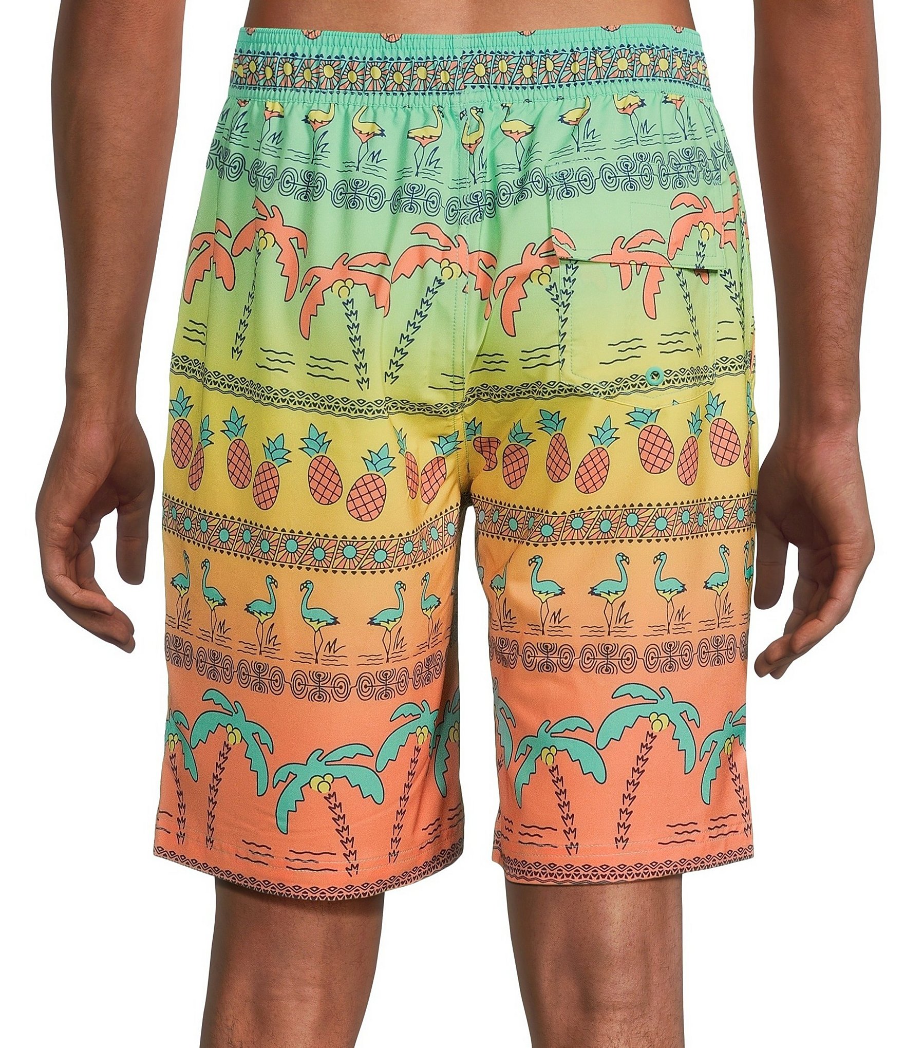 Caribbean Ombre Palms Placed 9#double; Inseam Swim Trunks