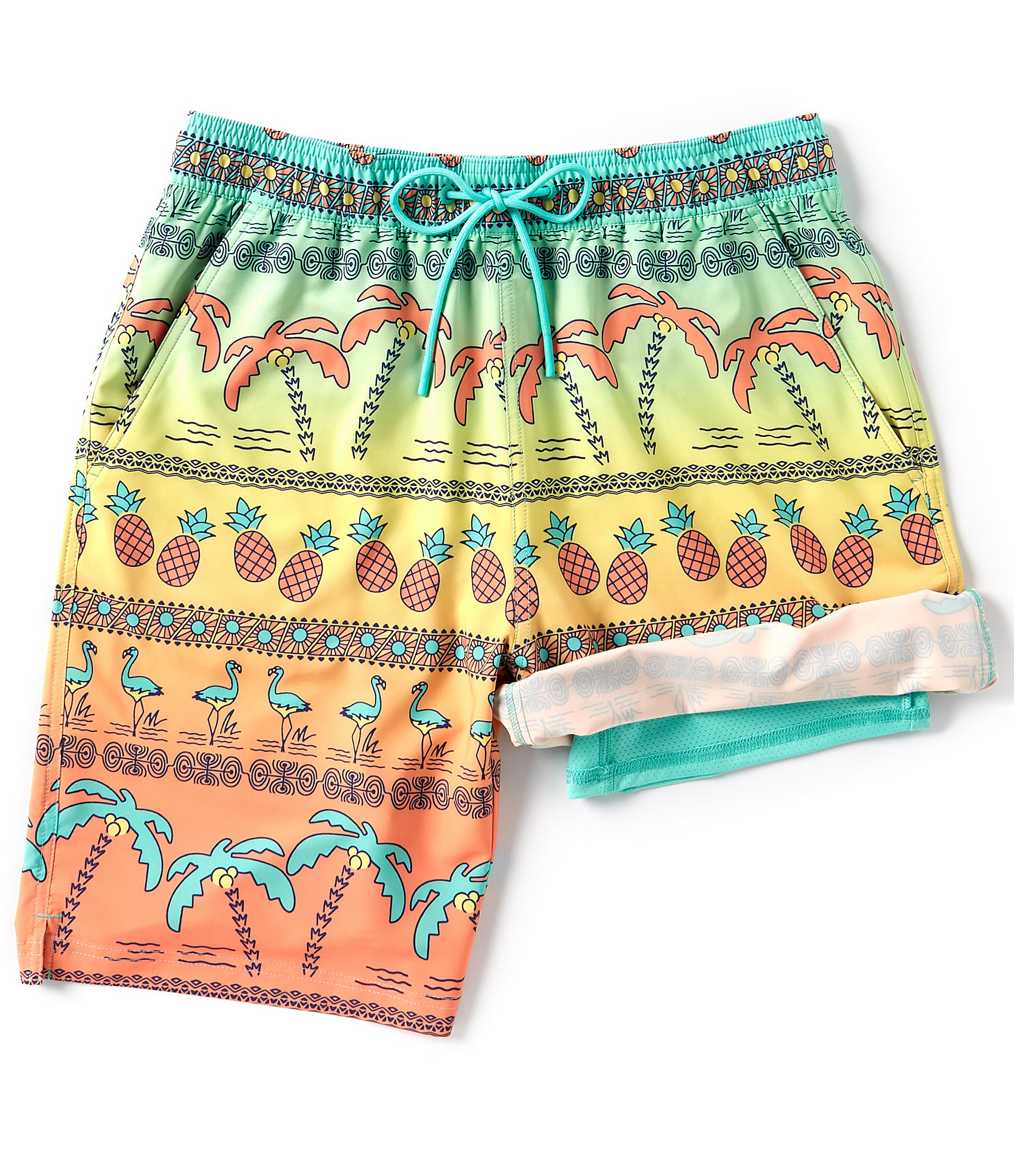 Caribbean Ombre Palms Placed 9#double; Inseam Swim Trunks