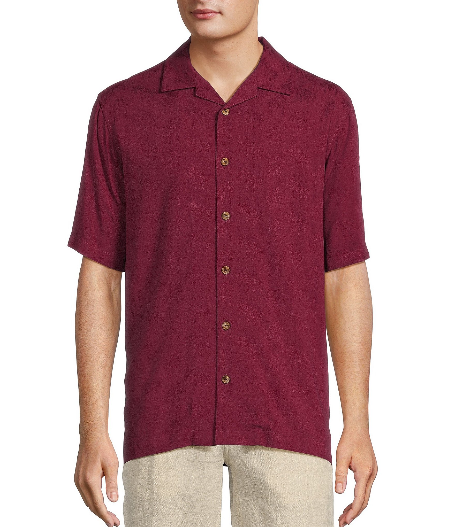 Caribbean Palm Trees Jacquard Short Sleeve Woven Camp Shirt