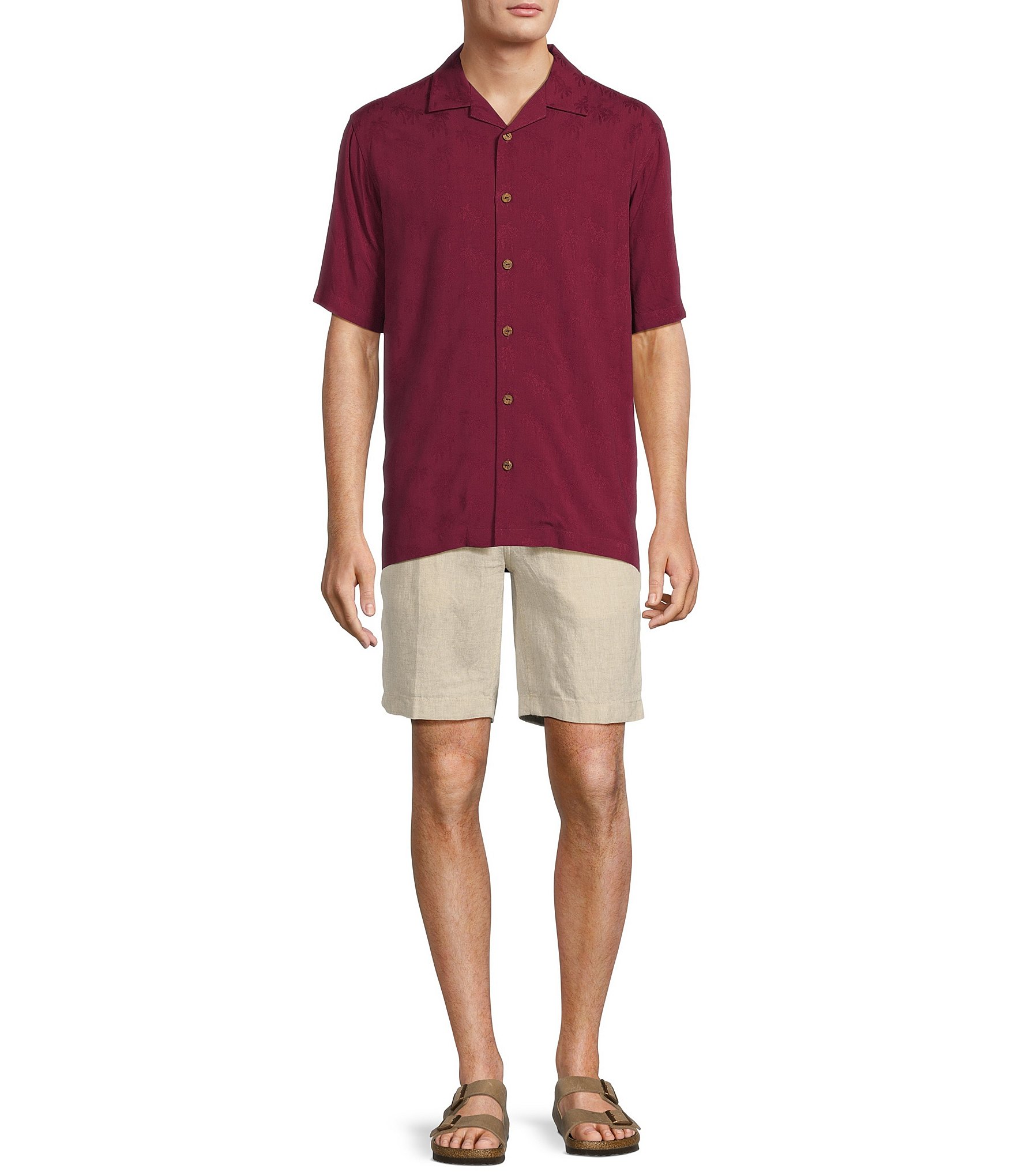 Caribbean Palm Trees Jacquard Short Sleeve Woven Camp Shirt