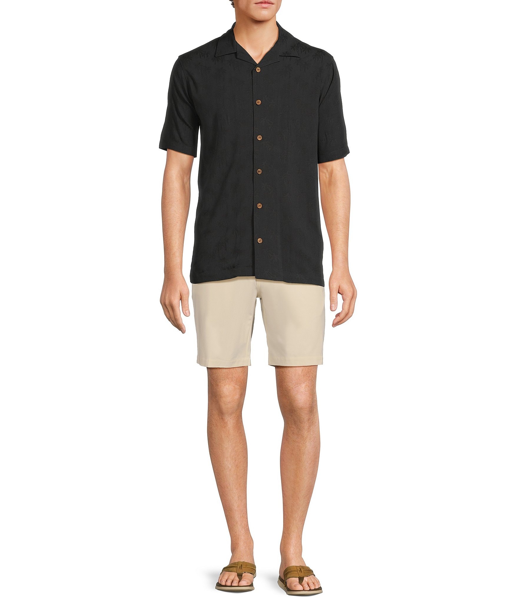 Caribbean Palm Trees Jacquard Short Sleeve Woven Camp Shirt