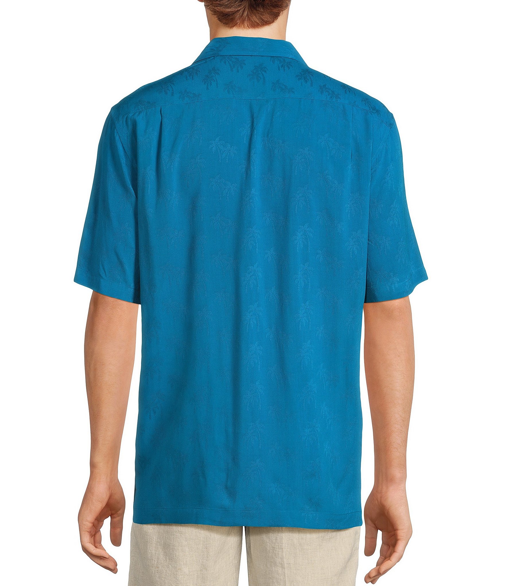 Caribbean Palm Trees Jacquard Short Sleeve Woven Camp Shirt