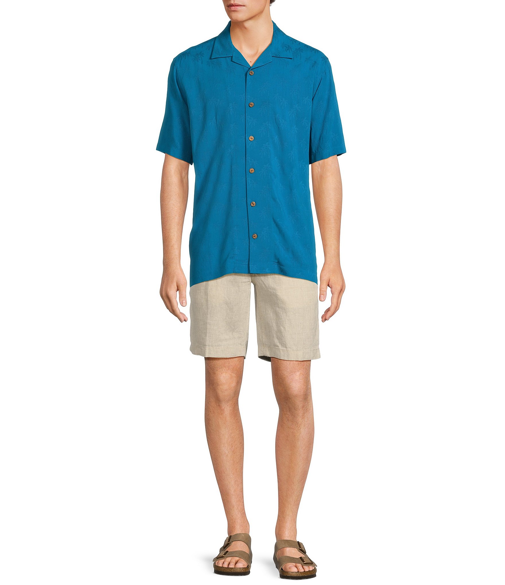 Caribbean Palm Trees Jacquard Short Sleeve Woven Camp Shirt