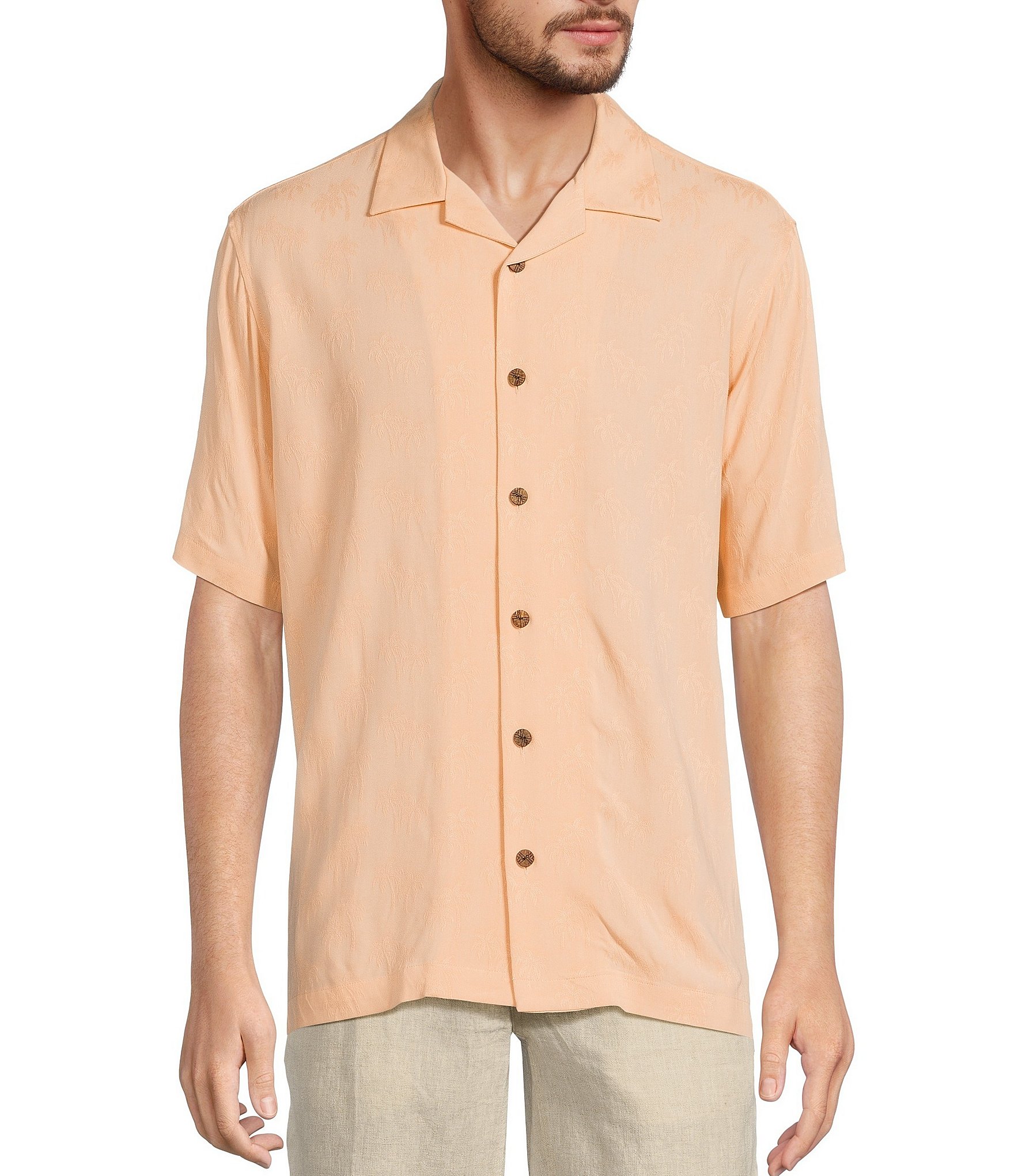 Caribbean Palm Trees Jacquard Short Sleeve Woven Camp Shirt